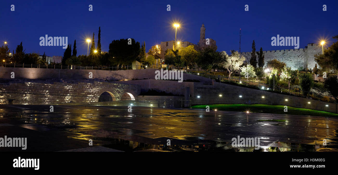 View at twilight of King David citadel from Teddy Park named after Teddy Kollek who was Mayor of Jerusalem at the foot of the Old City walls Jerusalem Israel Stock Photo