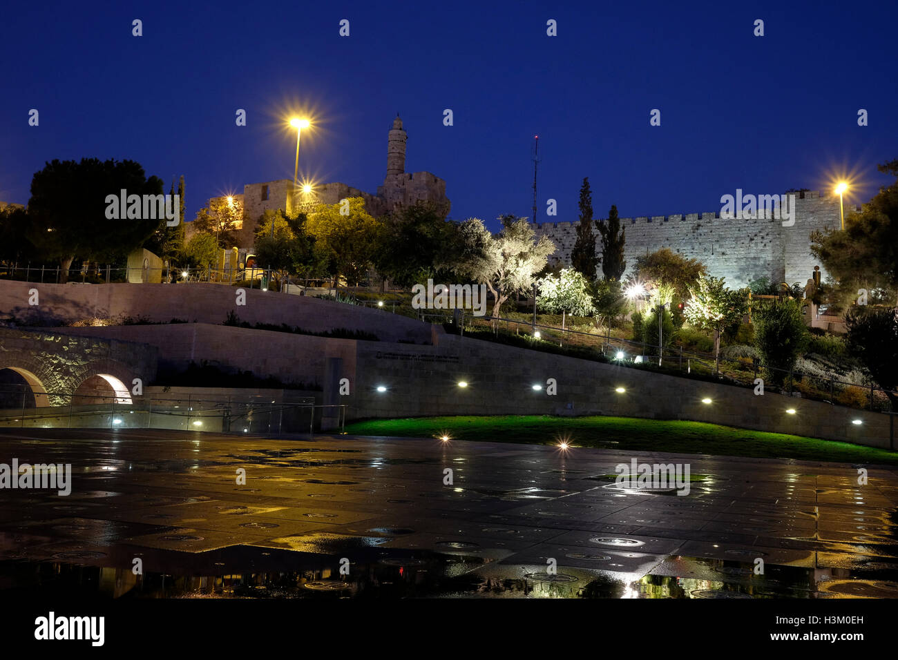 View at twilight of King David citadel from Teddy Park named after Teddy Kollek who was Mayor of Jerusalem at the foot of the Old City walls Jerusalem Israel Stock Photo