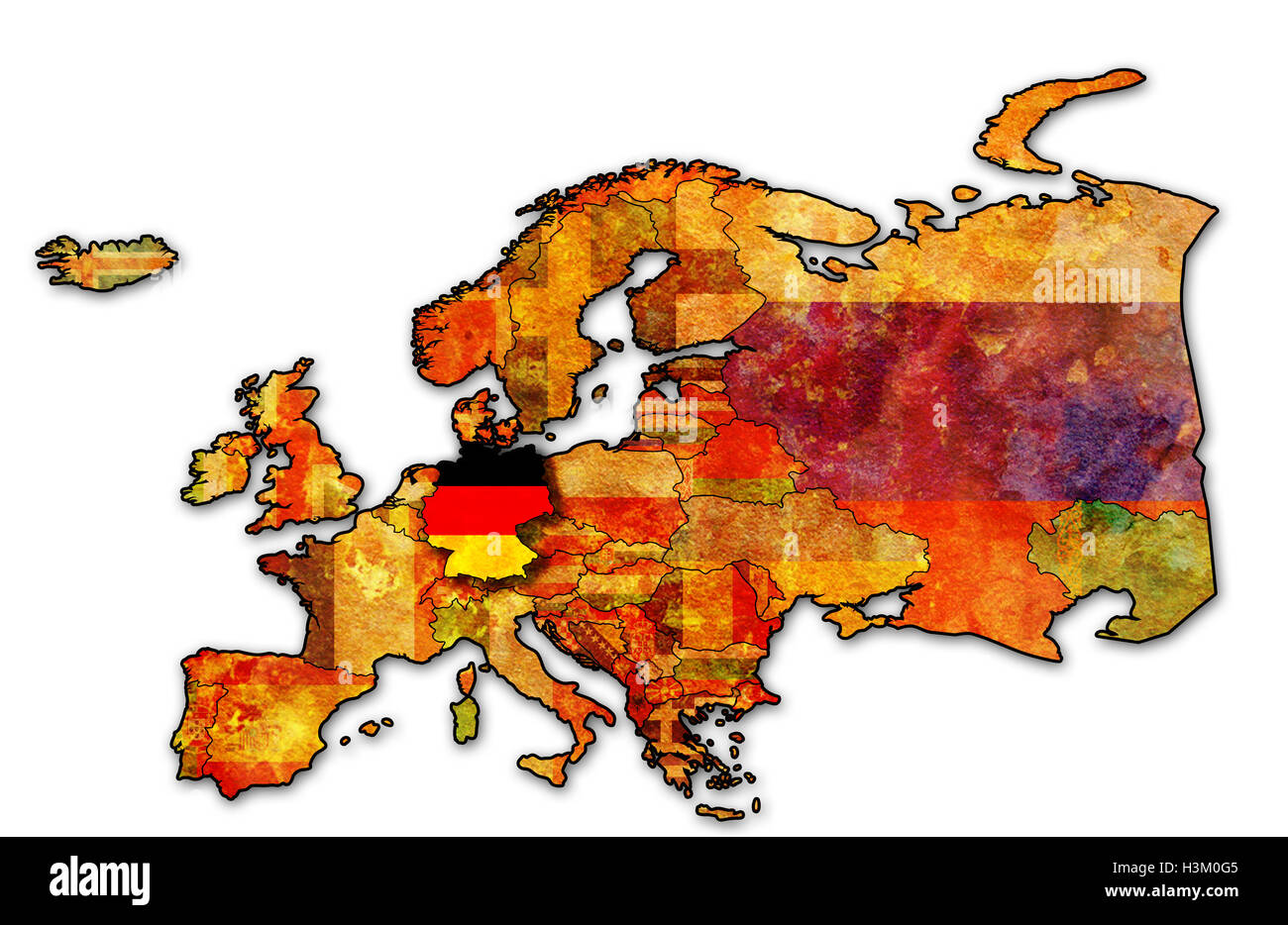 some very old grunge map of germany with flag on map of europe Stock ...