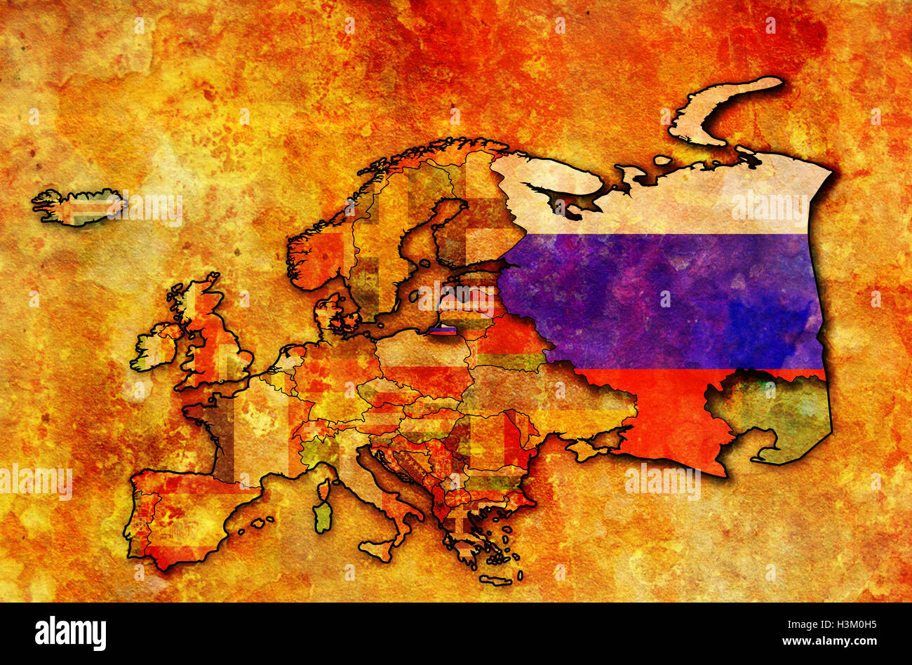 some very old grunge map of russia with flag on map of europe Stock ...