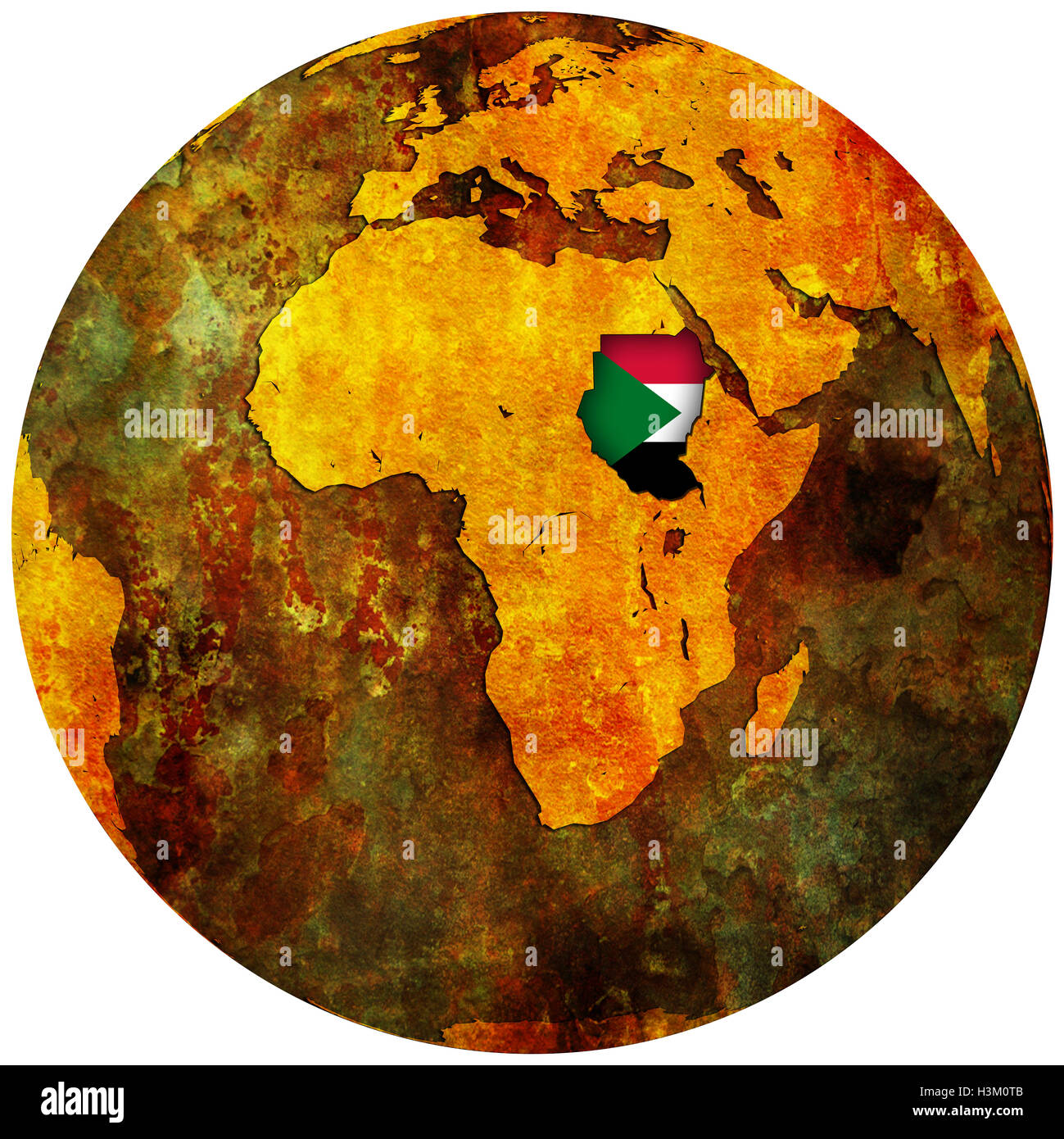 sudan territory with flag on map of globe Stock Photo