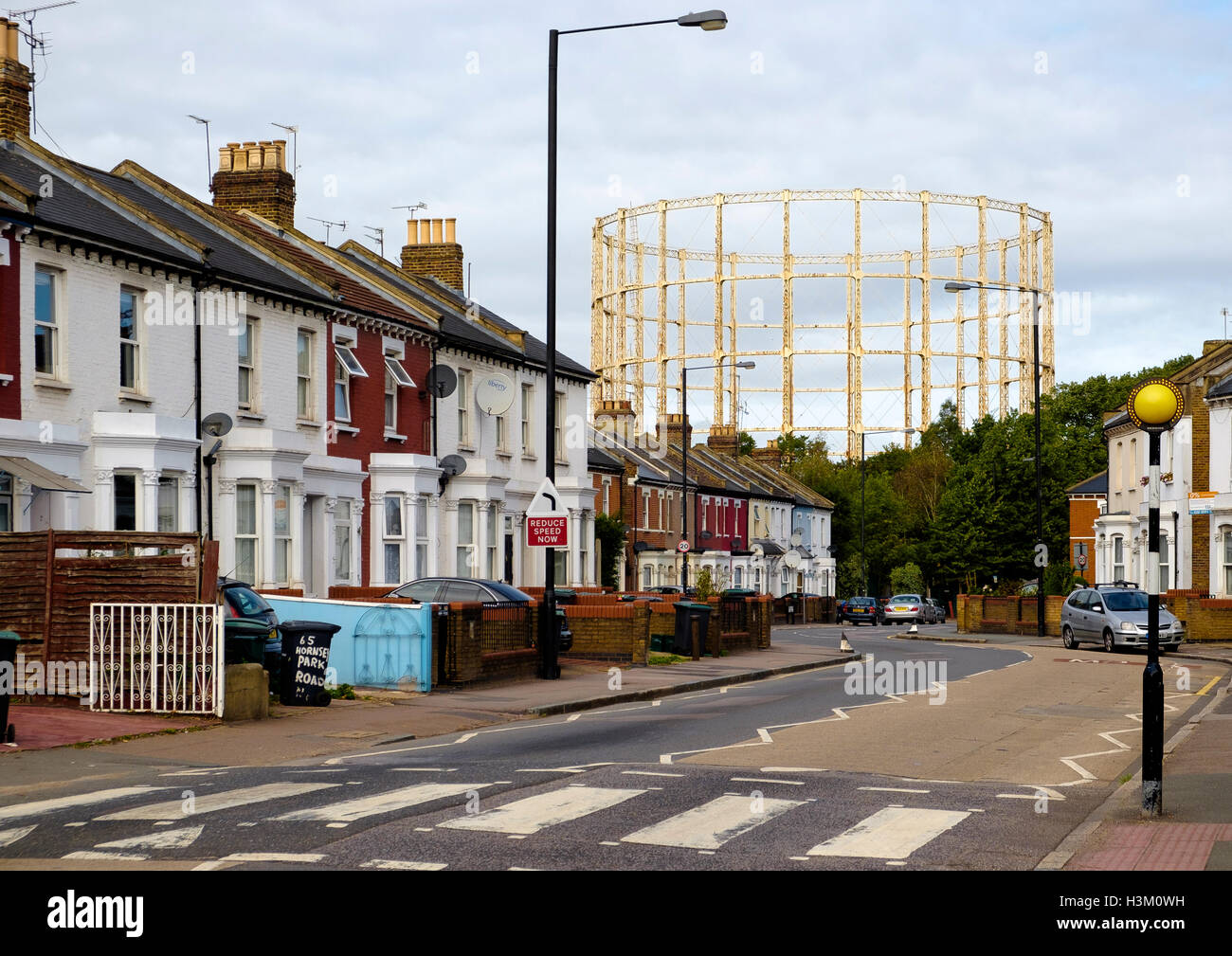 The last remaining Hornsey gas holder viewed from Hornsey Park Road, North London Stock Photo