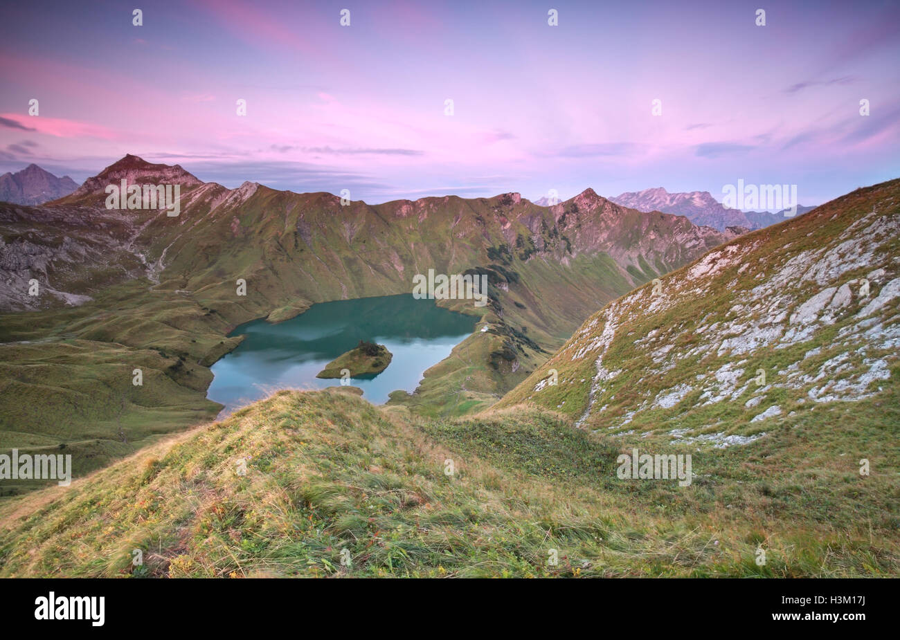 alpine lake Schtecksee at sunrise, view from mountaintop Stock Photo