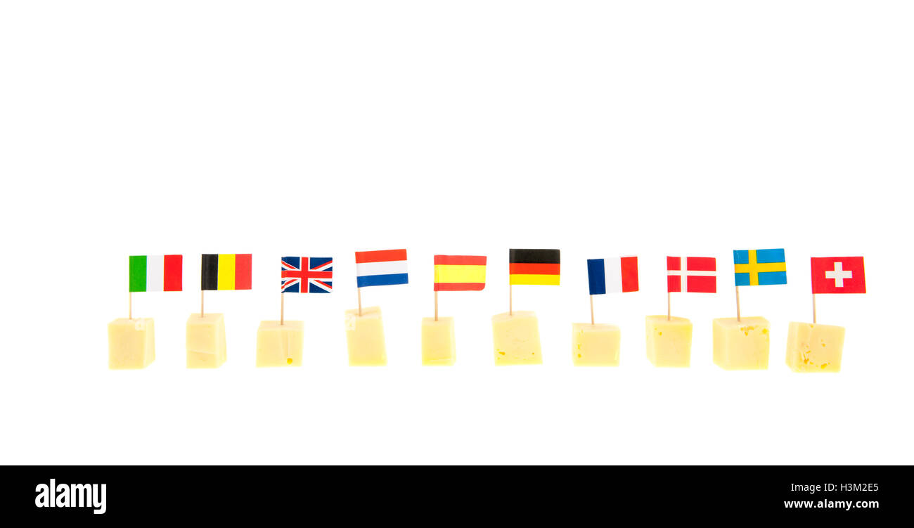 Cubes cheese with flags Stock Photo