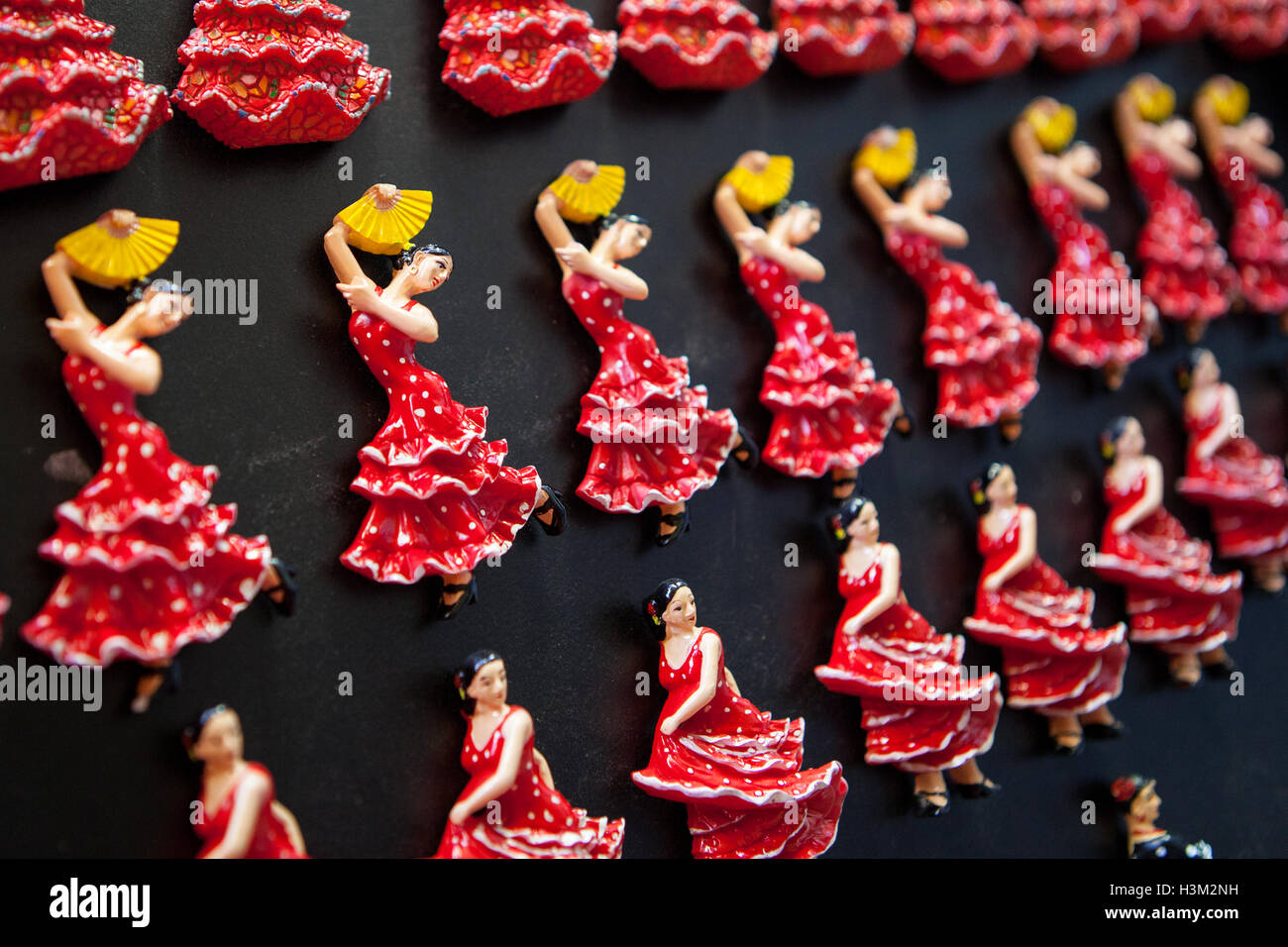 Flamenco dancer magnets on display in a shop in the old quarter of Valencia Stock Photo