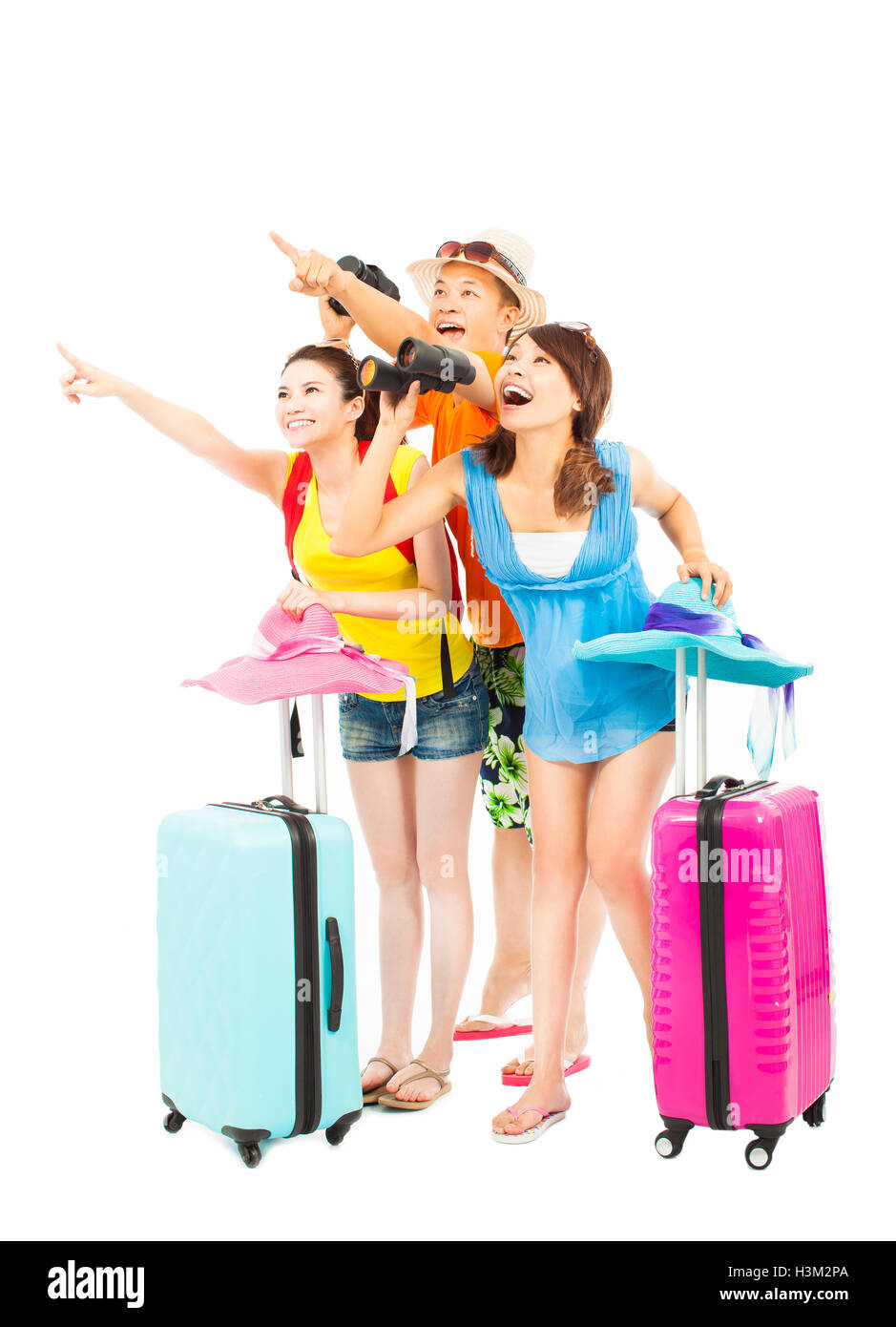 Young Backpackers happily young backpackers raise hands to point the direction Stock ...