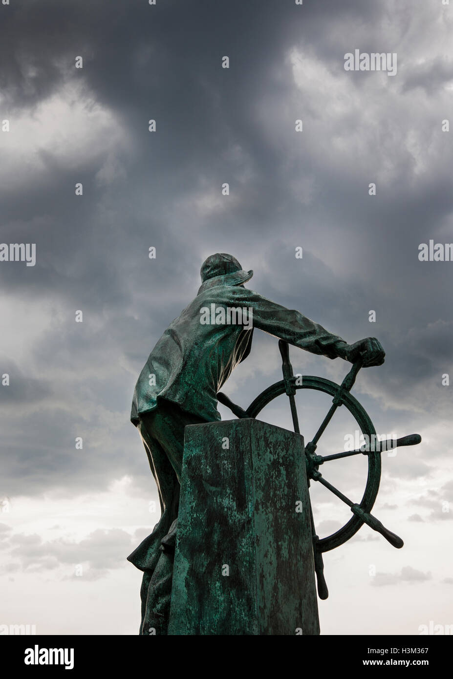 Fisherman's Memorial sculpture by the sea, ship in storm, Glouchester, Massachusetts, USA , US 'They That Go Down to the Sea in Ships', New England Stock Photo