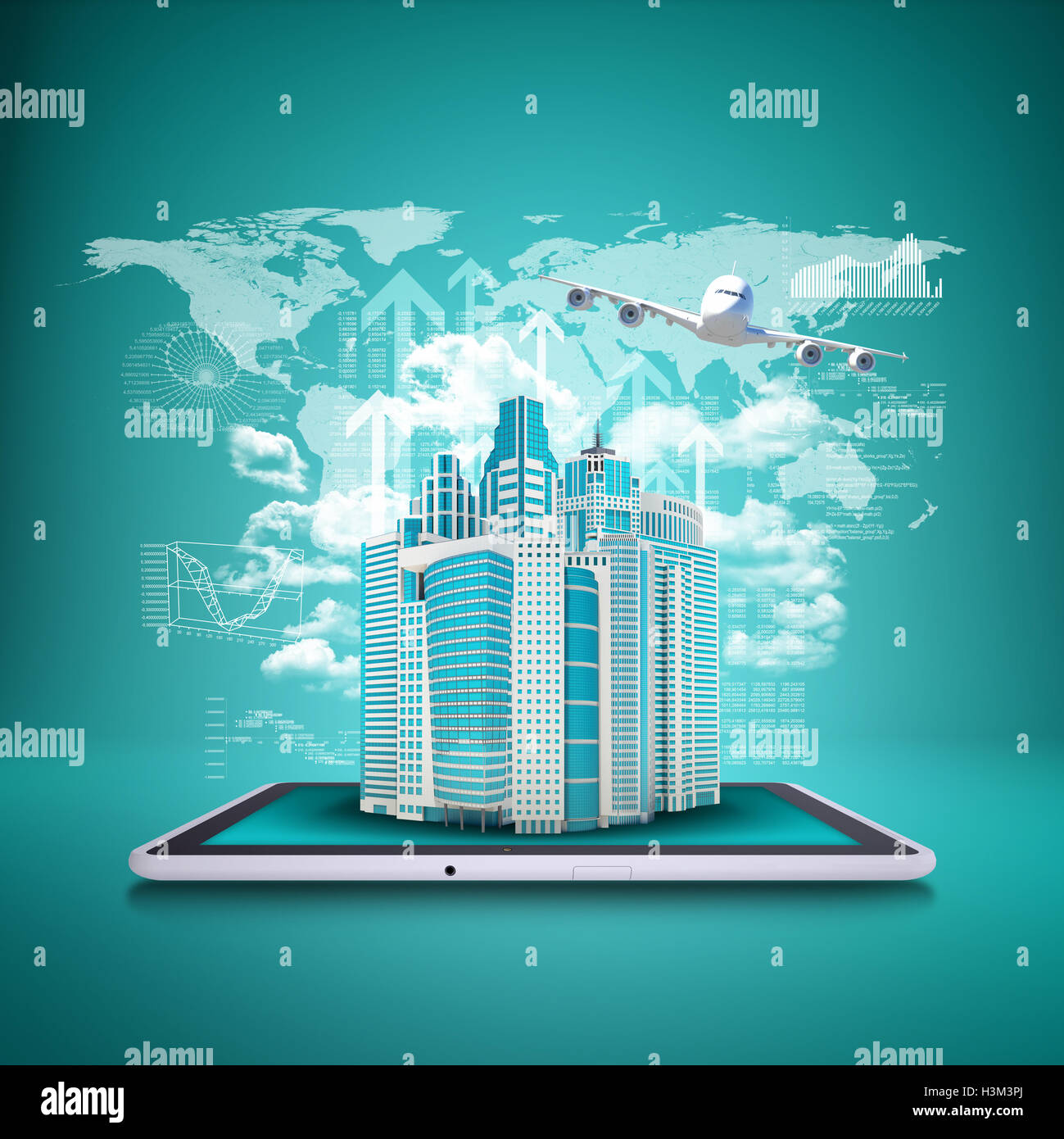 Airplane with background of skyscrapers on tablet Stock Photo - Alamy