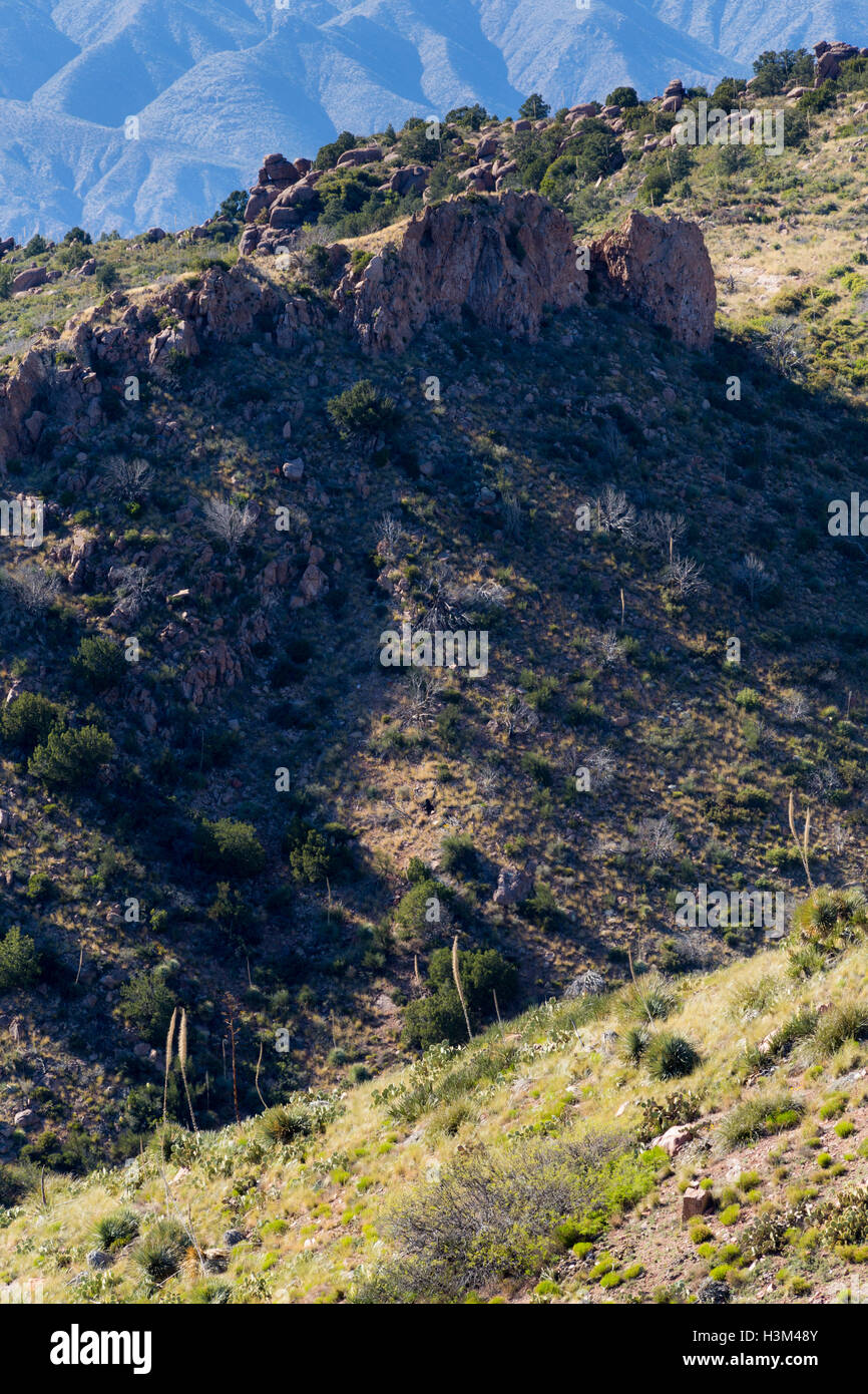 Rocky outcroppings capping ridges in the foothills of the Superstition ...