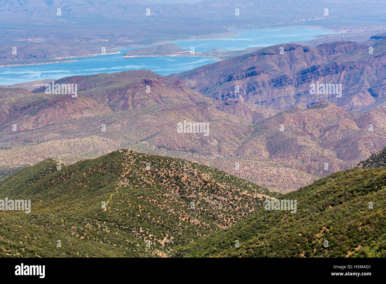 The Sierra Ancha Mountain foothills beyond Roosevelt Lake below the lower Mazatzal Mountains. Four Peaks Wilderness, Arizona Stock Photo