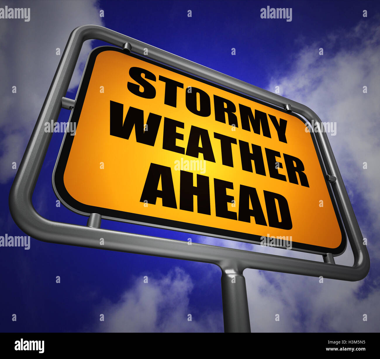 Stormy Weather Ahead Signpost Shows Storm Warning or Danger Stock Photo