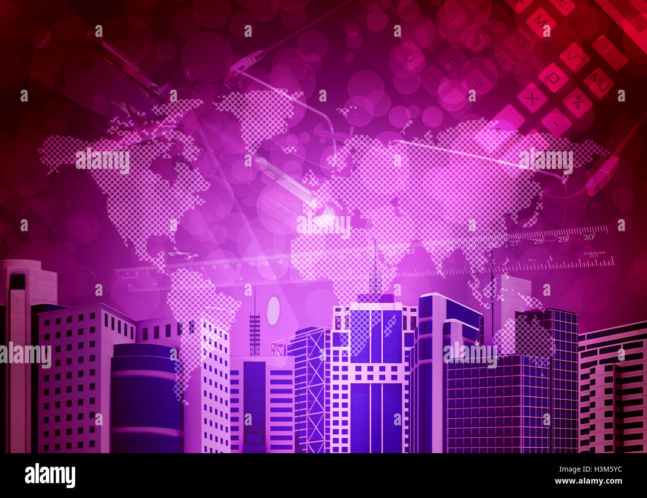 Skyscrapers with background of world map Stock Photo - Alamy