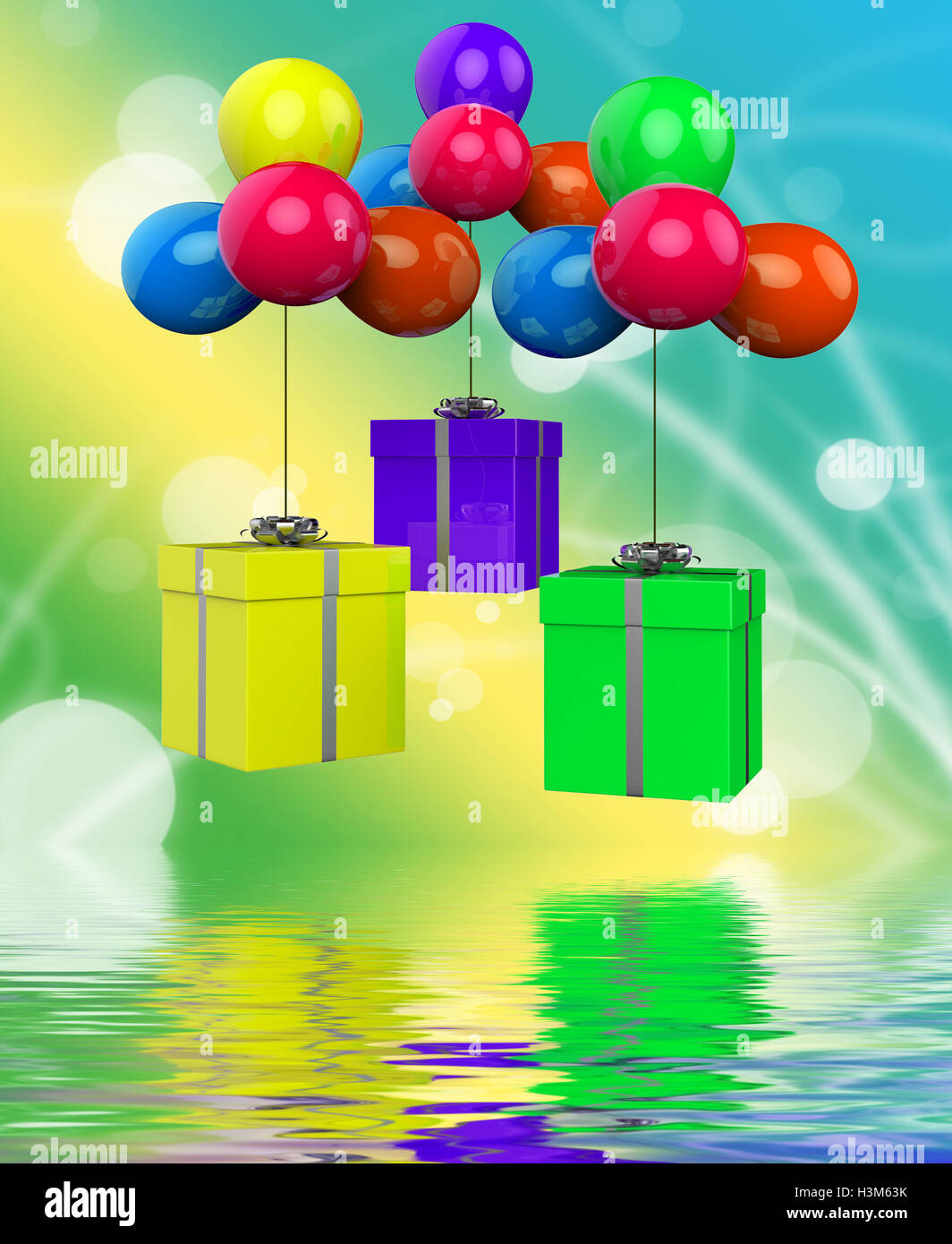 Balloons With Presents Displays Surprise Party And Birthday Pres Stock Photo