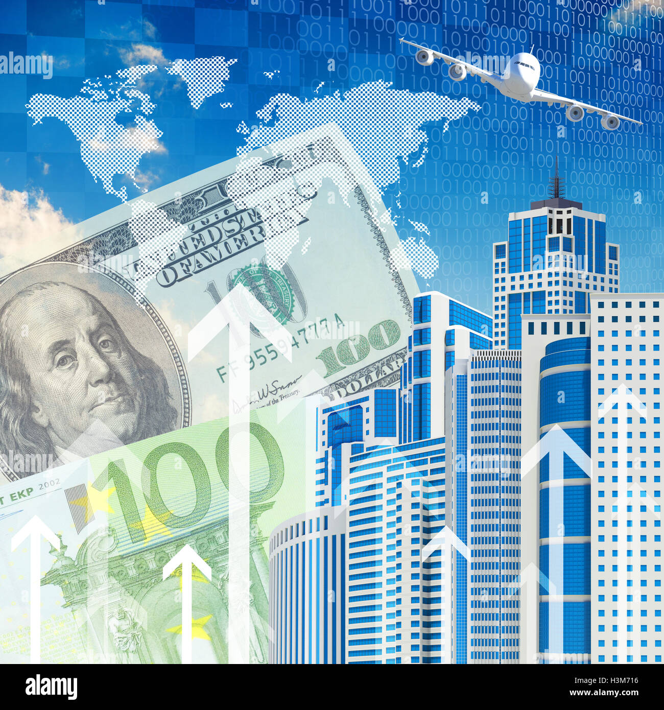 Airplane with background of skyscrapers and arrows Stock Photo - Alamy