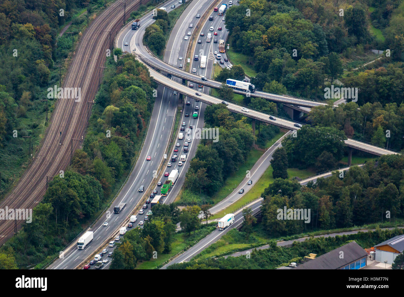Areal view of Autobahn motorway junction, of highway A3 and A40, Duisburg, Germany Stock Photo