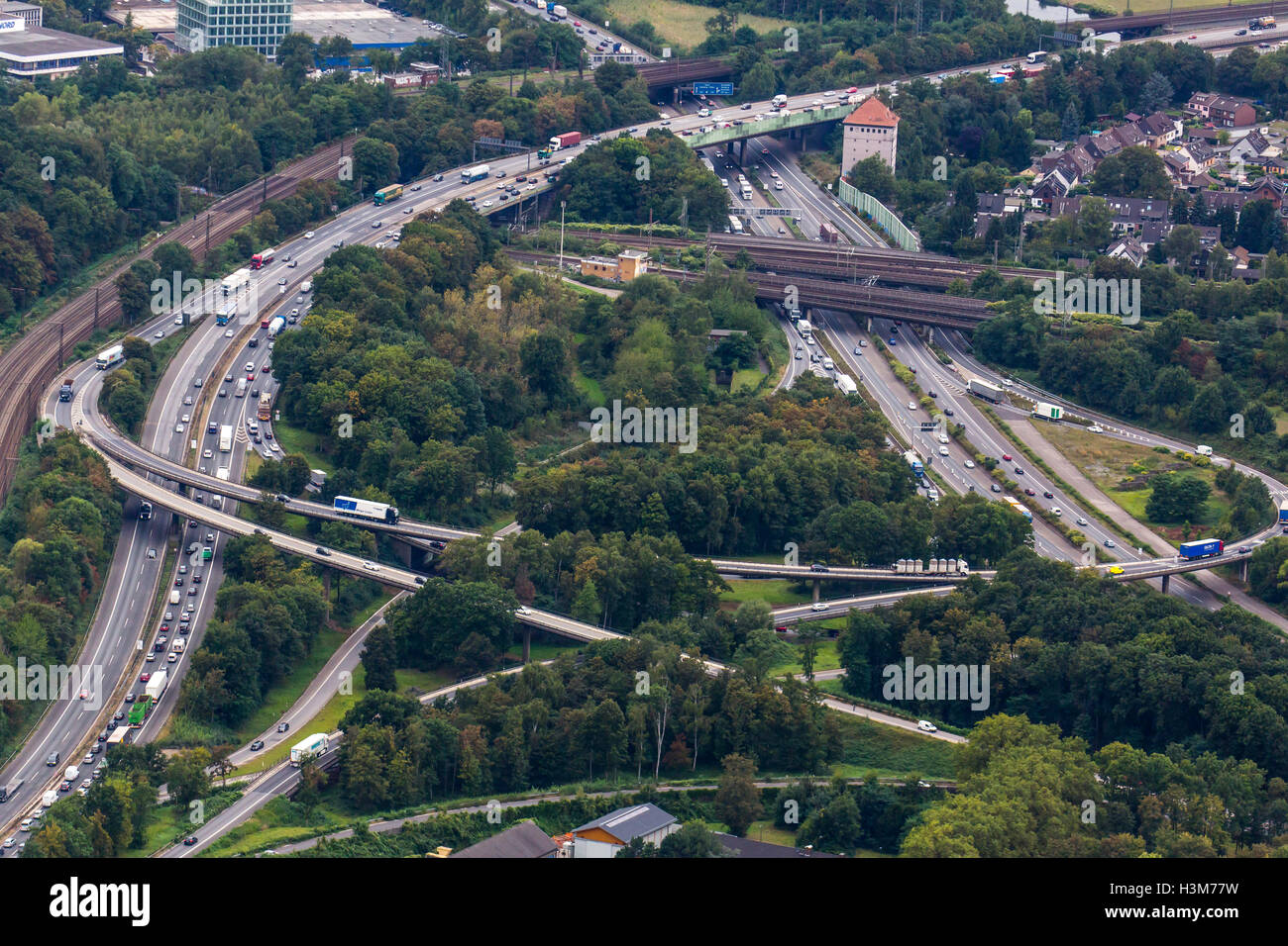 Areal view of Autobahn motorway junction, of highway A3 and A40, Duisburg, Germany Stock Photo
