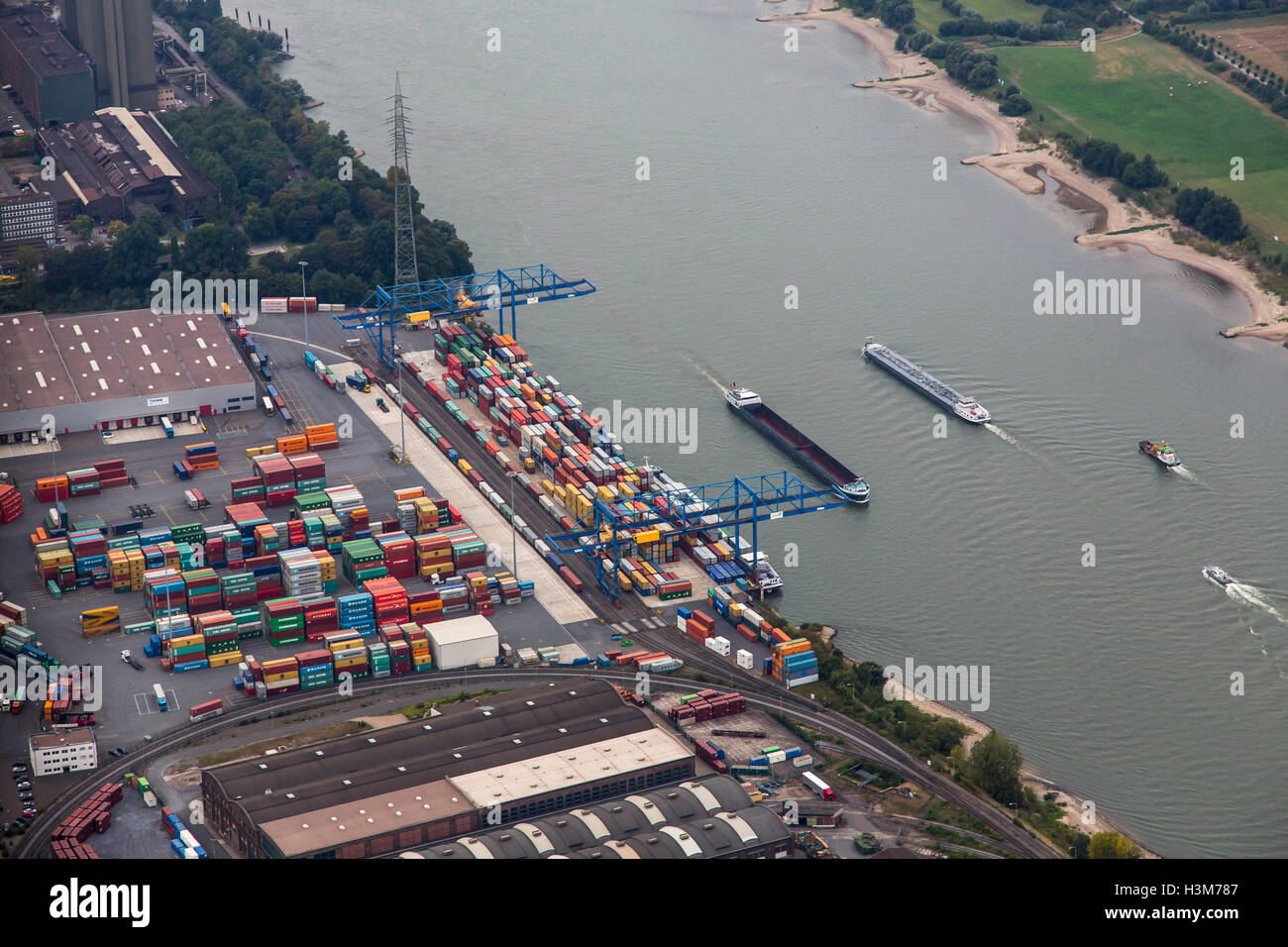 Areal view of inland port Duisburg, Germany, river Rhine, Rhein-Ruhr Terminal, container terminal, Stock Photo