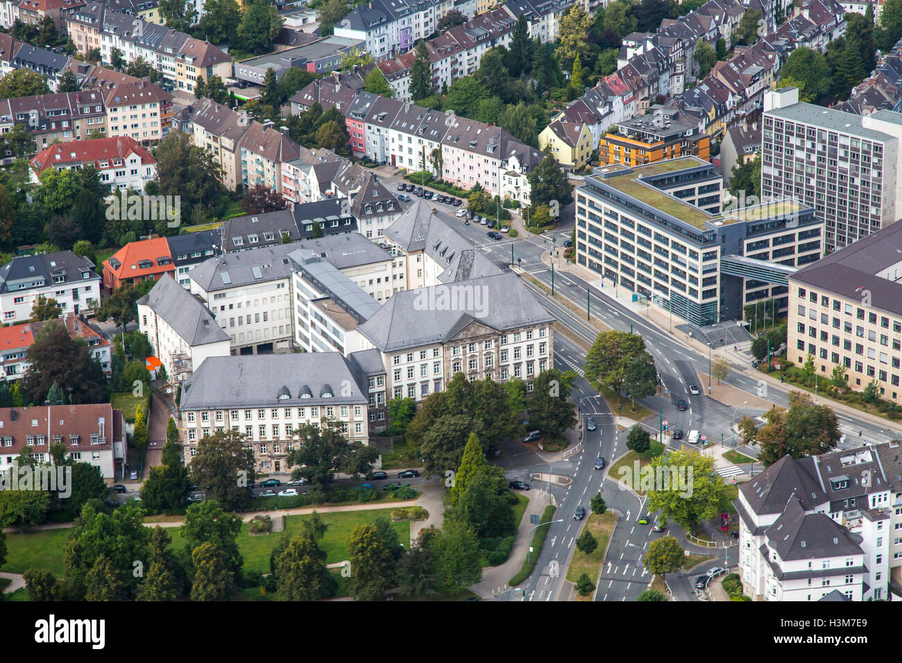 Areal shot of the city of Essen, Germany, city center, downtown area, Police headquarters and justice, court buildings, Stock Photo