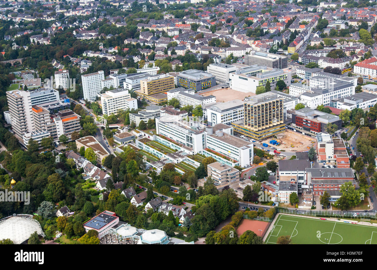 Areal shot of the city of Essen, Germany, city center, downtown area, University hospital clinic area, Stock Photo