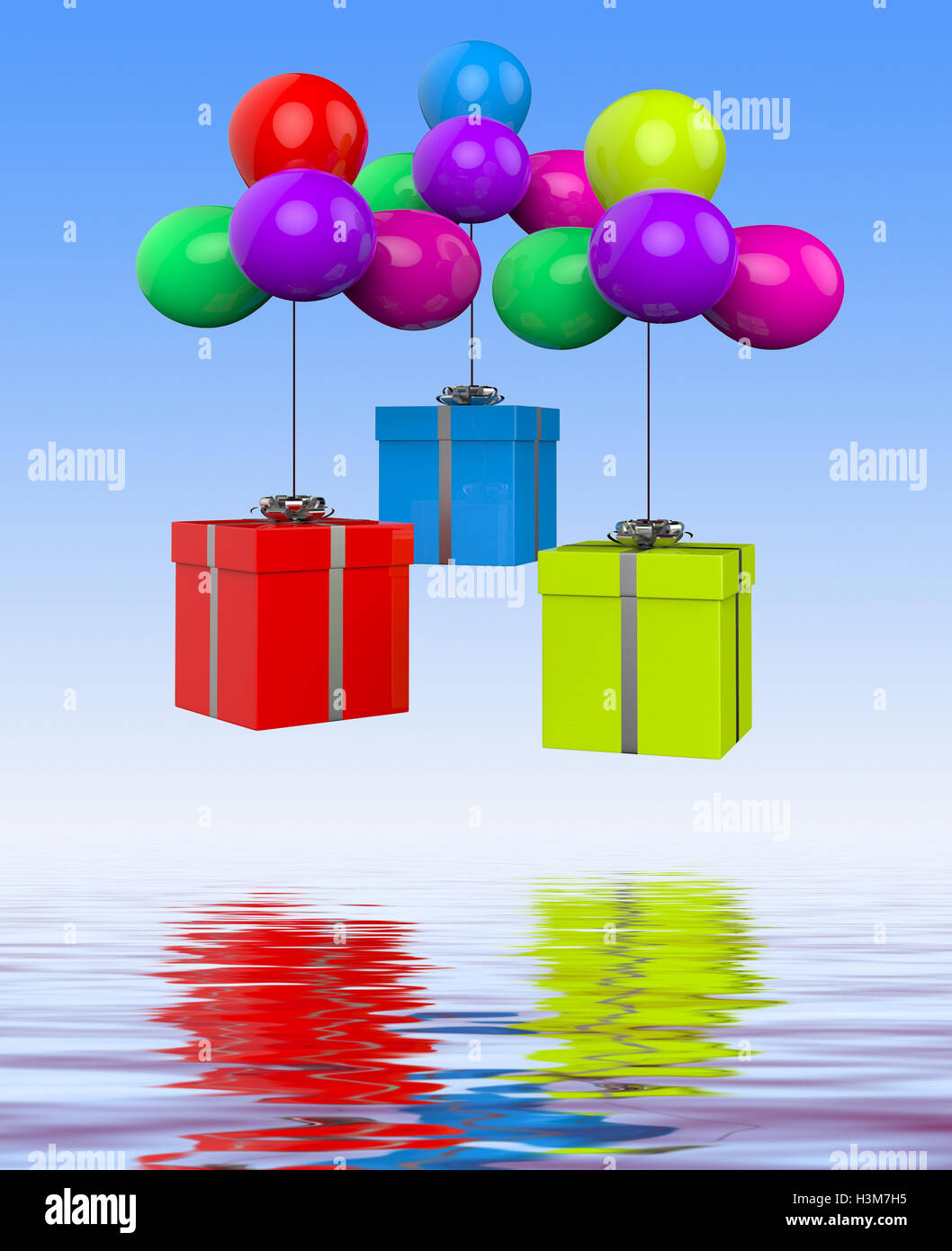 Balloons With Presents Displays Birthday Party Or Colourful Gift Stock Photo