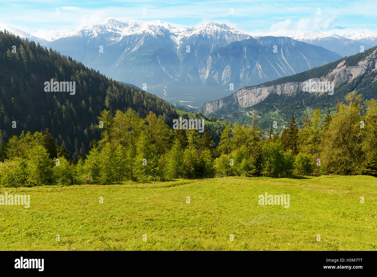 Panoramic view from the commune Flaschen to mountain Schwarzhorn on Bernese Alps Stock Photo
