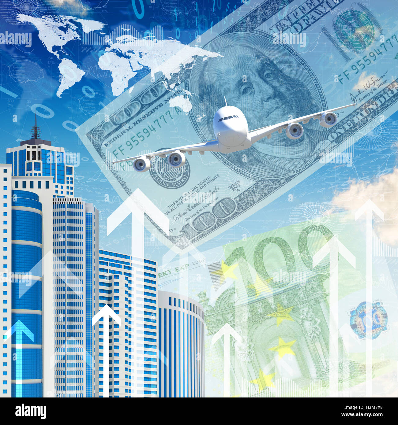 Airplane with background of skyscrapers and arrows Stock Photo - Alamy