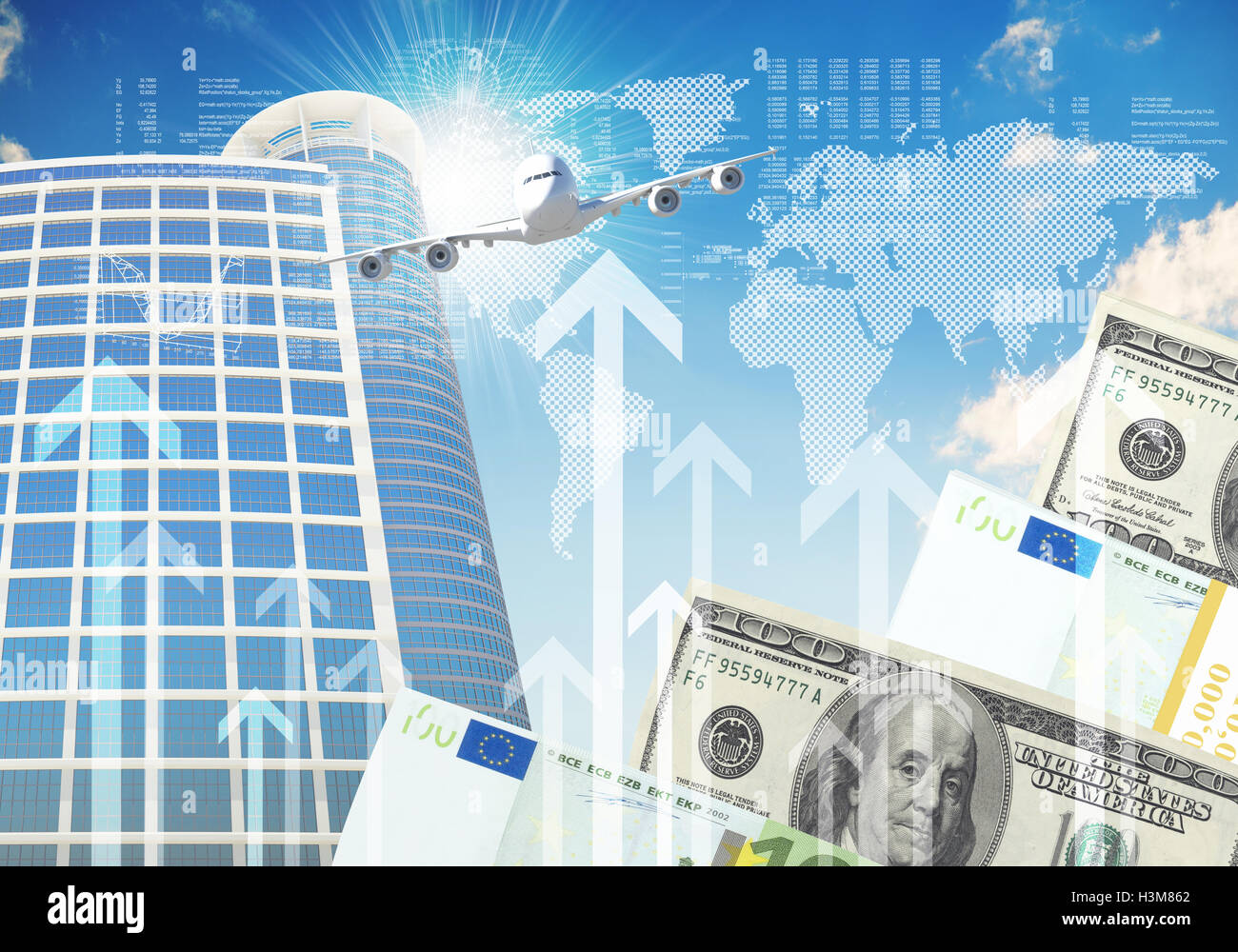 Airplane with background of skyscrapers and arrows Stock Photo - Alamy