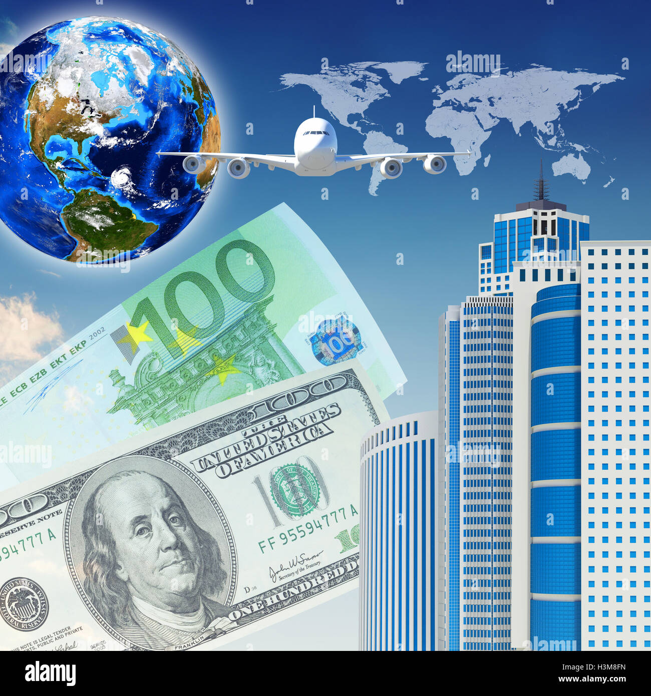 Airplane with background of skyscrapers and Earth Stock Photo - Alamy