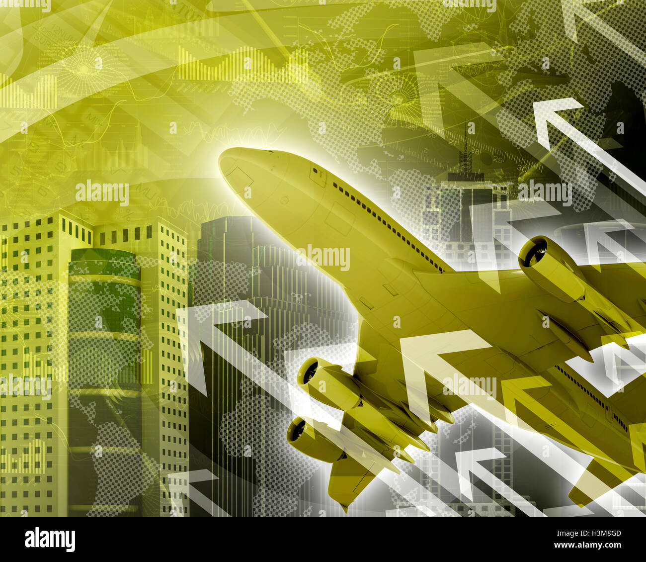 Airplane with background of skyscrapers and arrows Stock Photo - Alamy