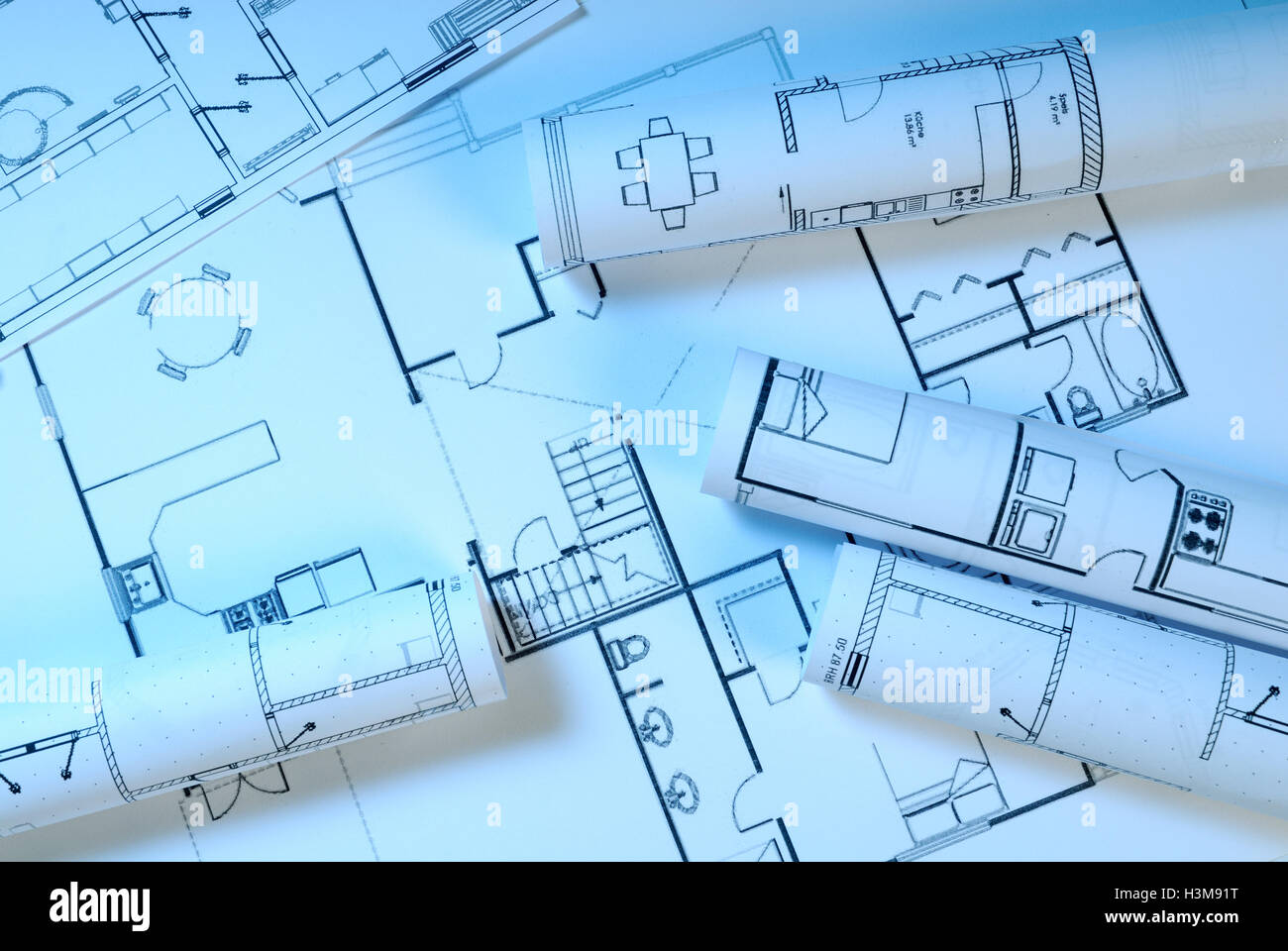 Blueprints in blue light Stock Photo