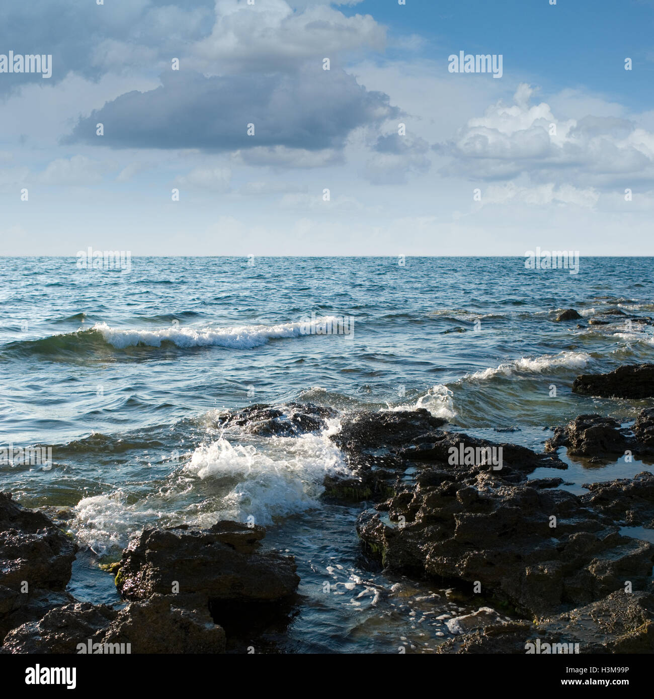 Black Sea coast, rocks, stormy sky (summer day). Stock Photo