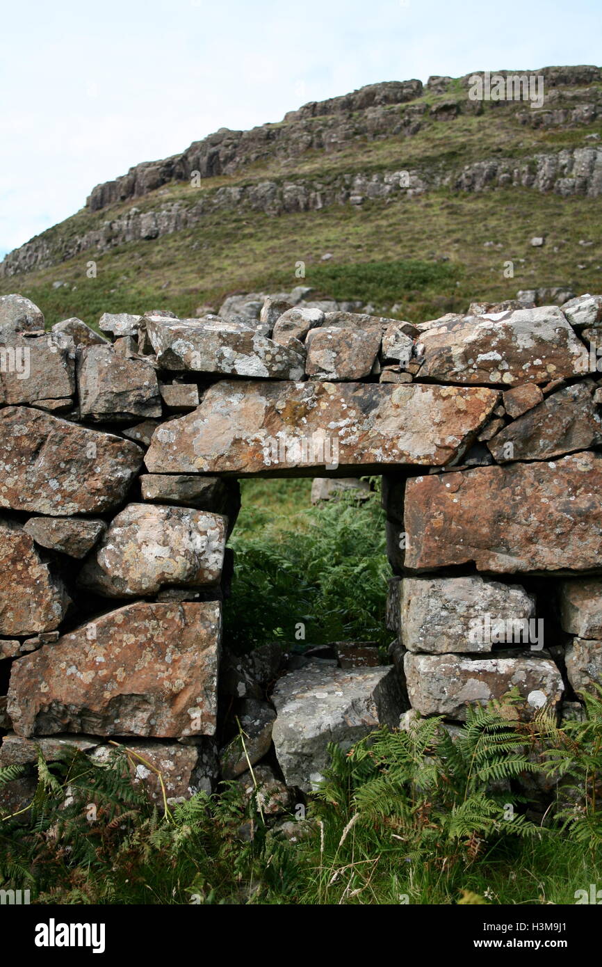 The ruins of Inivea, in Calgary Bay on the Isle of Mull, abandoned in the Highland Clearances. Stock Photo