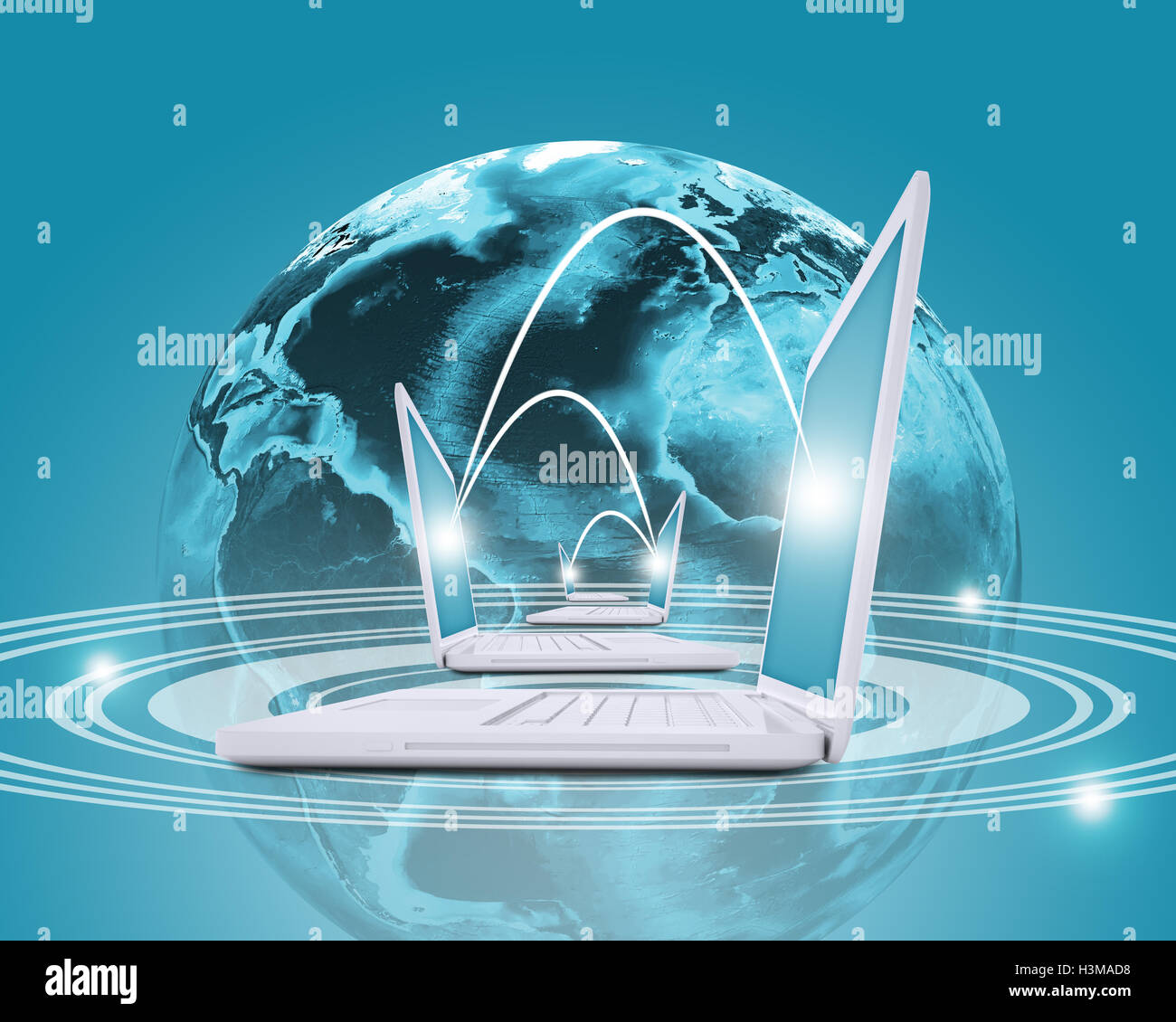 Laptops with Earth and world map Stock Photo - Alamy