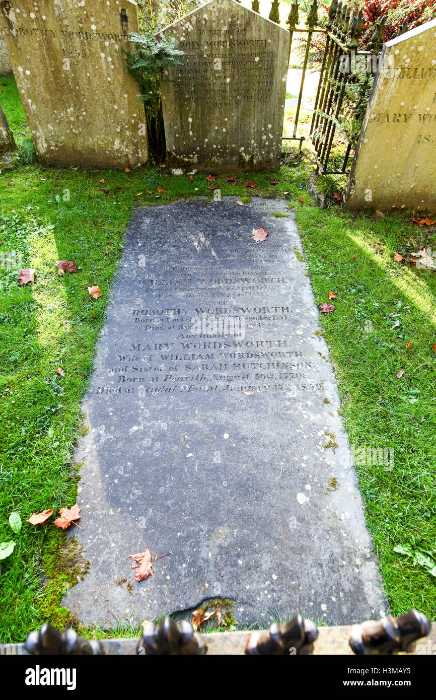 The lakeland poet William Wordsworth and his wife Mary's grave stone in Grasmere Church Cumbria Lake District England UK Stock Photo