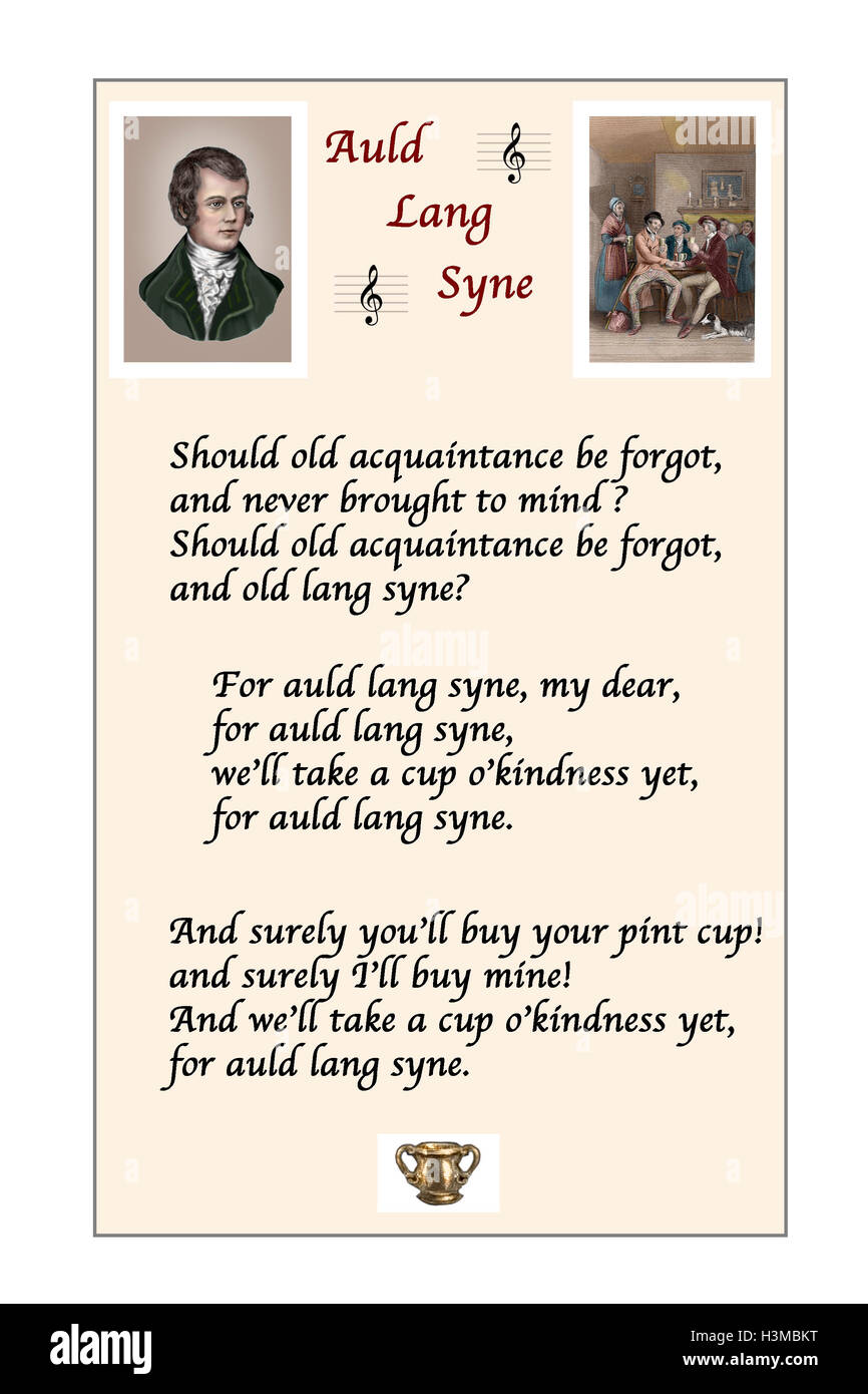 Auld Lang Syne. Words by Robert Burns. Modern Illustration with Burns portrait and a scene of drinking companions Stock Photo