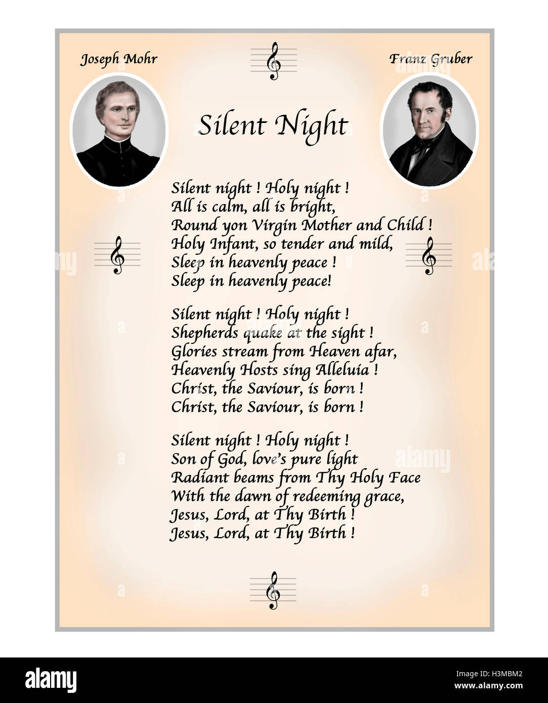 Silent Night. English Text. Modern Illustration with portraits of poet Joseph Mohr and composer Franz Gruber Stock Photo