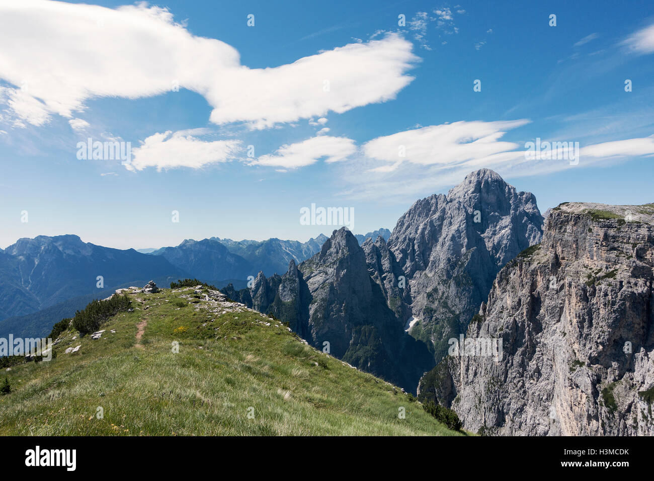 View from BASE jumping spot to cliffs on other side of the valley, Col di Pra, Italian Alps, Alleghe, Belluno, Italy Stock Photo