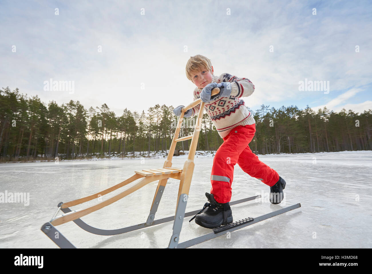 Boy pushing kicksled across frozen lake, Gavle, Sweden Stock Photo
