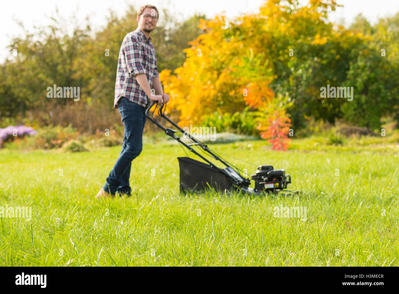 Young man is mowing the lawn on a nice sunny day. Stock Photo