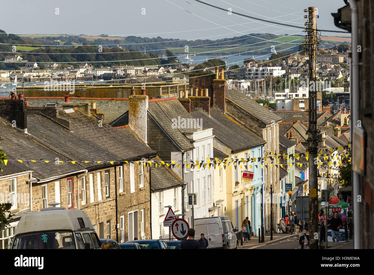 The River Fal seen over the rooftops of buildings in Penryn, Cornwall. Stock Photo