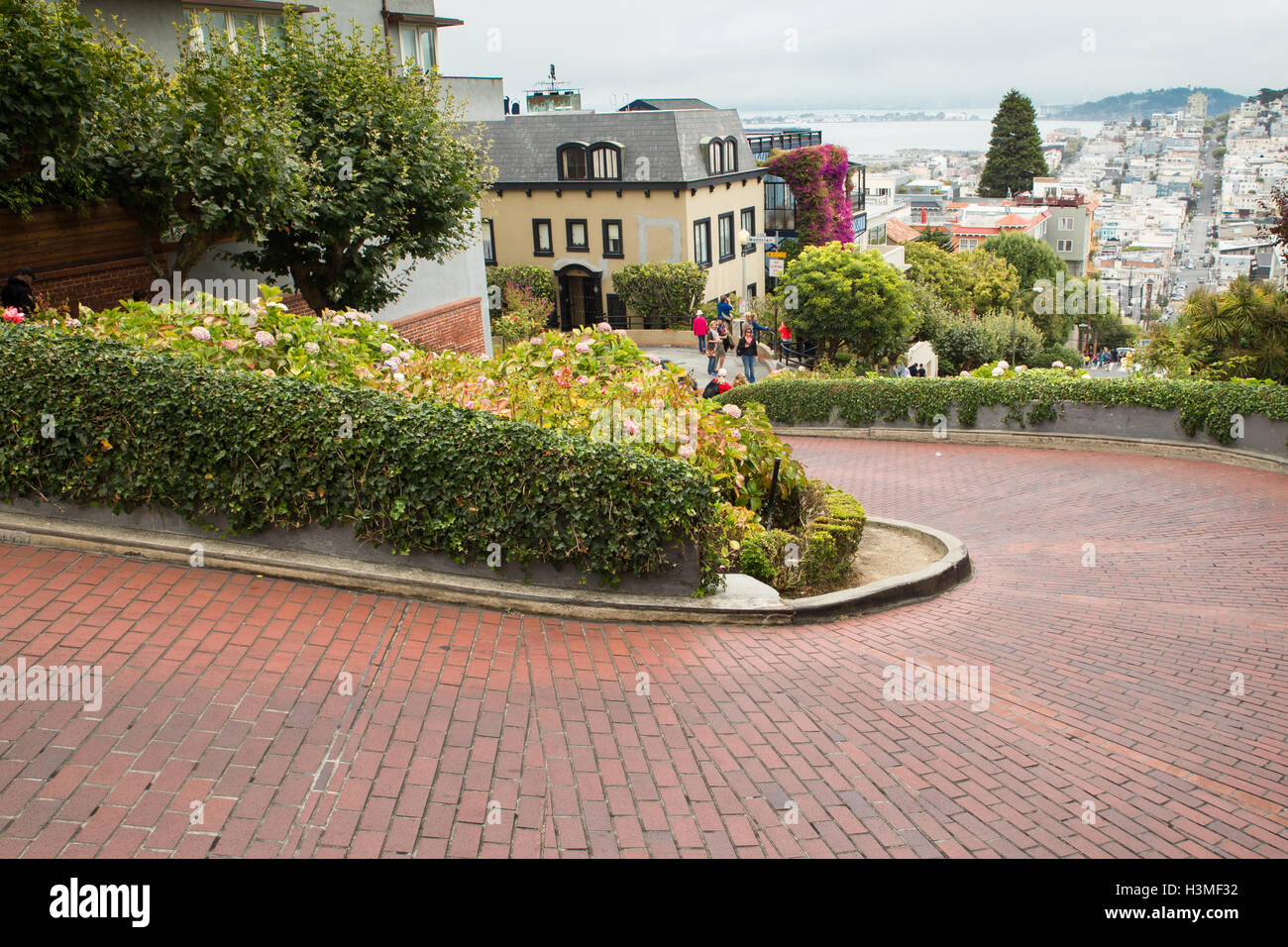 View of landmark Lombard Street, crooked street, in San Francisco