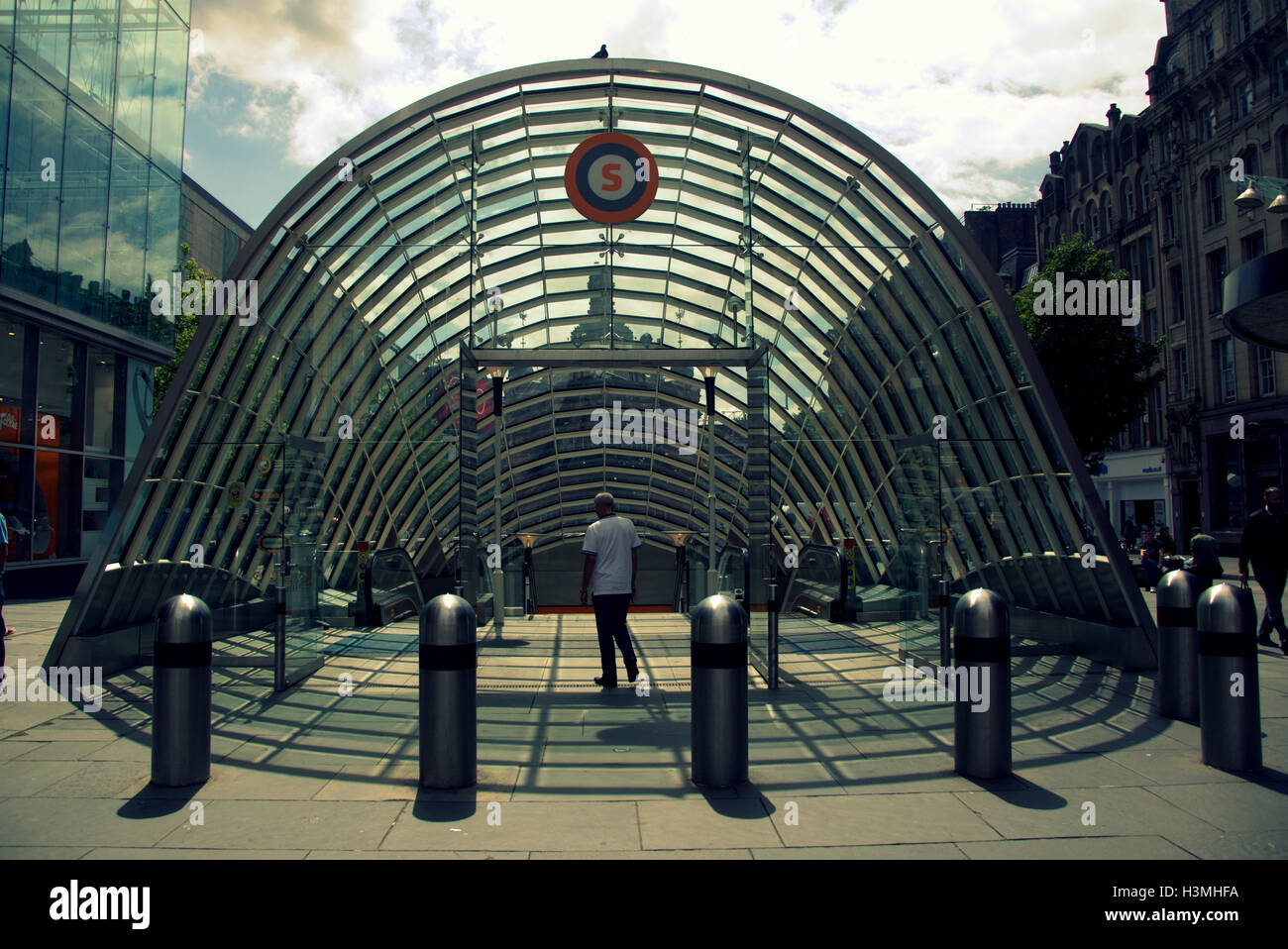Glasgow underground or Subway entrance to st enoch station sunny Stock Photo
