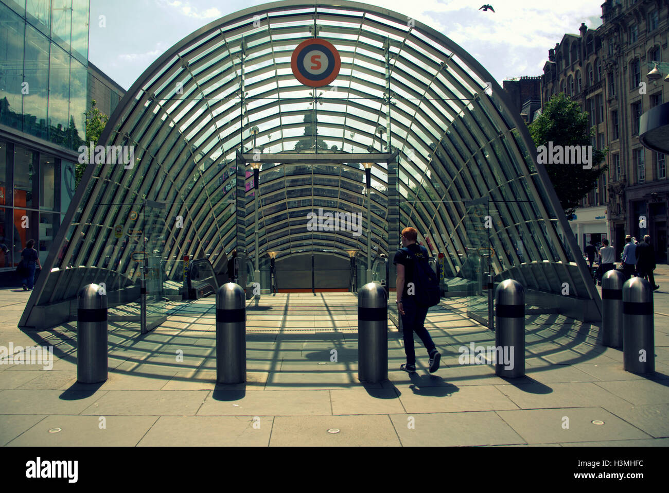 Glasgow underground or Subway entrance to st enoch station sunny Stock Photo