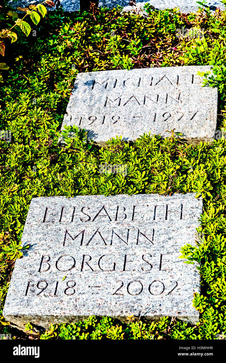 Graves of the Family of Thomas Mann at the Kilchberg Cemetery in Kilchberg near Zuerich, Switzerland; Stock Photo