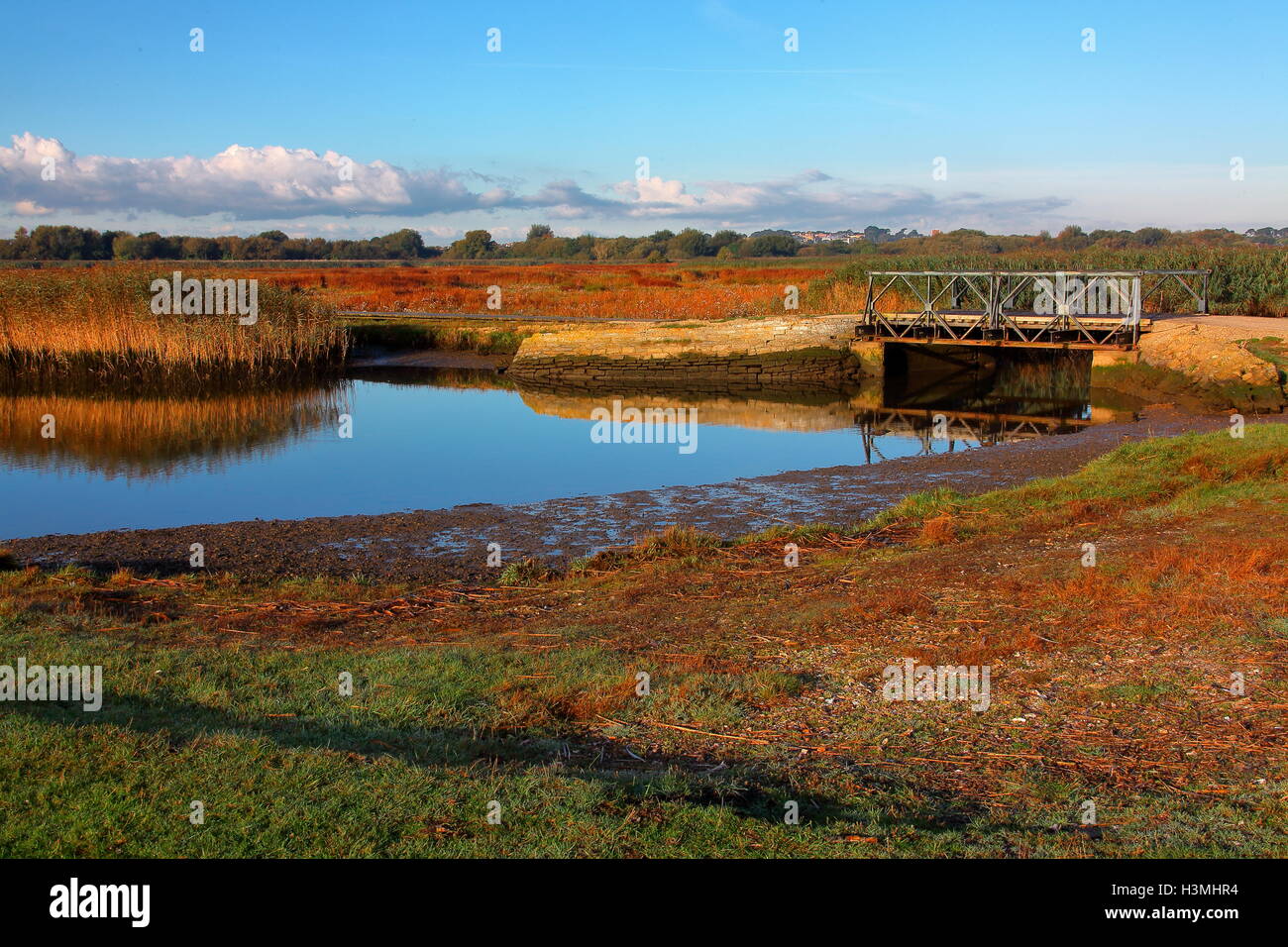 A section of old Bailey bridge placed over a tidal inlet within a nature reserve to provide a path for the public. Stock Photo