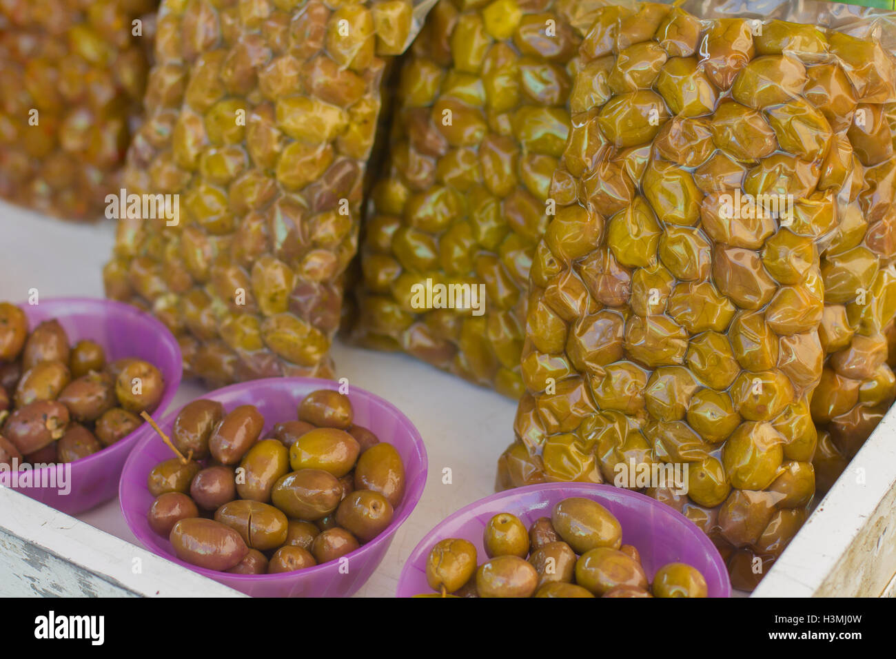 Green Olive, healthy food on the marketplace Stock Photo Alamy