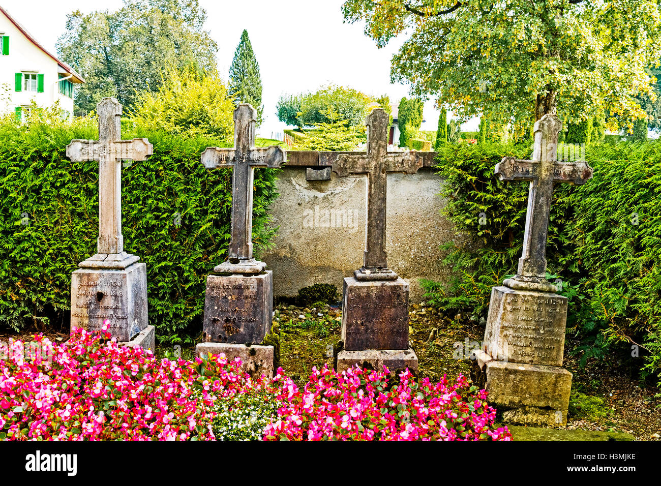 Churchyard at Hirzel, Kanton Zurich, Switzerland with the graves of the ancestors of Johanna Spyri; Gräber der Eltern von Spyri Stock Photo