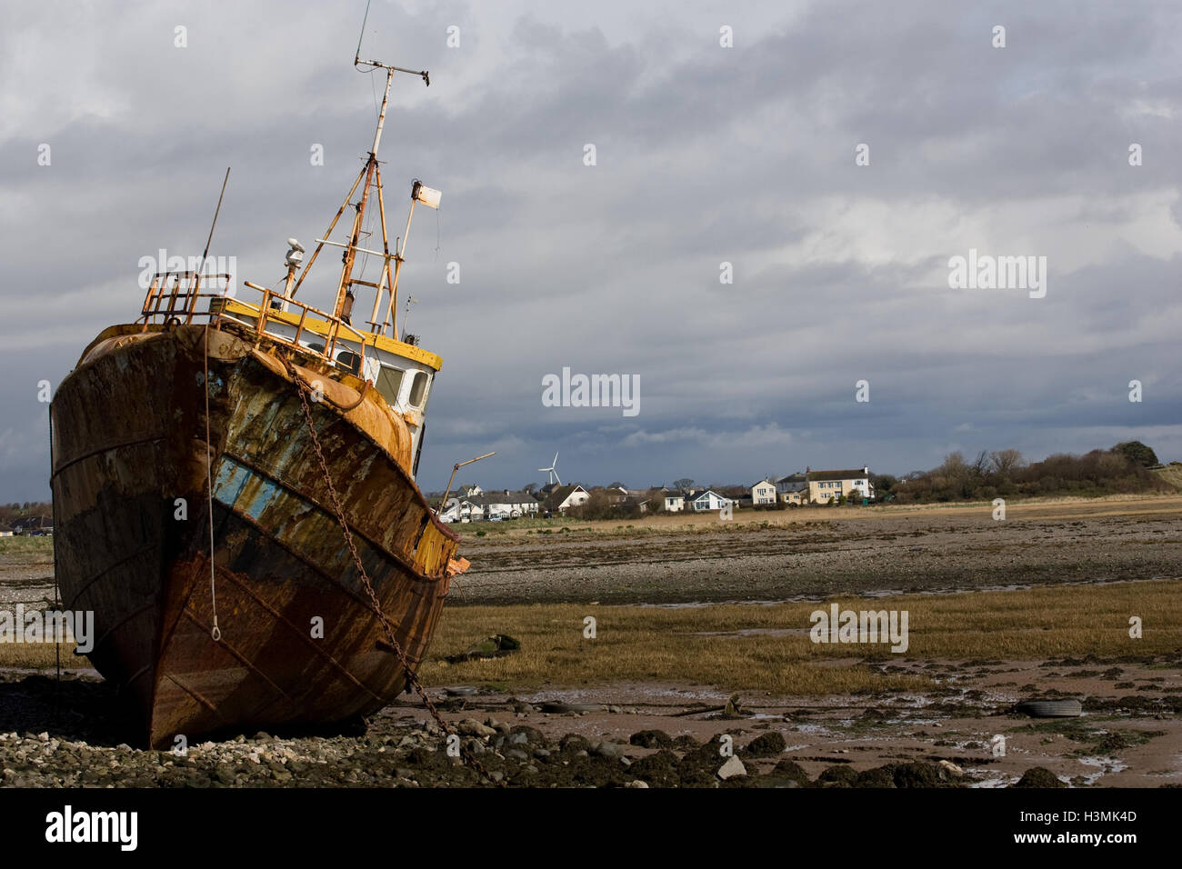 "Vita Nova" a derelict fishing trawler sits on the sand at Roa Island