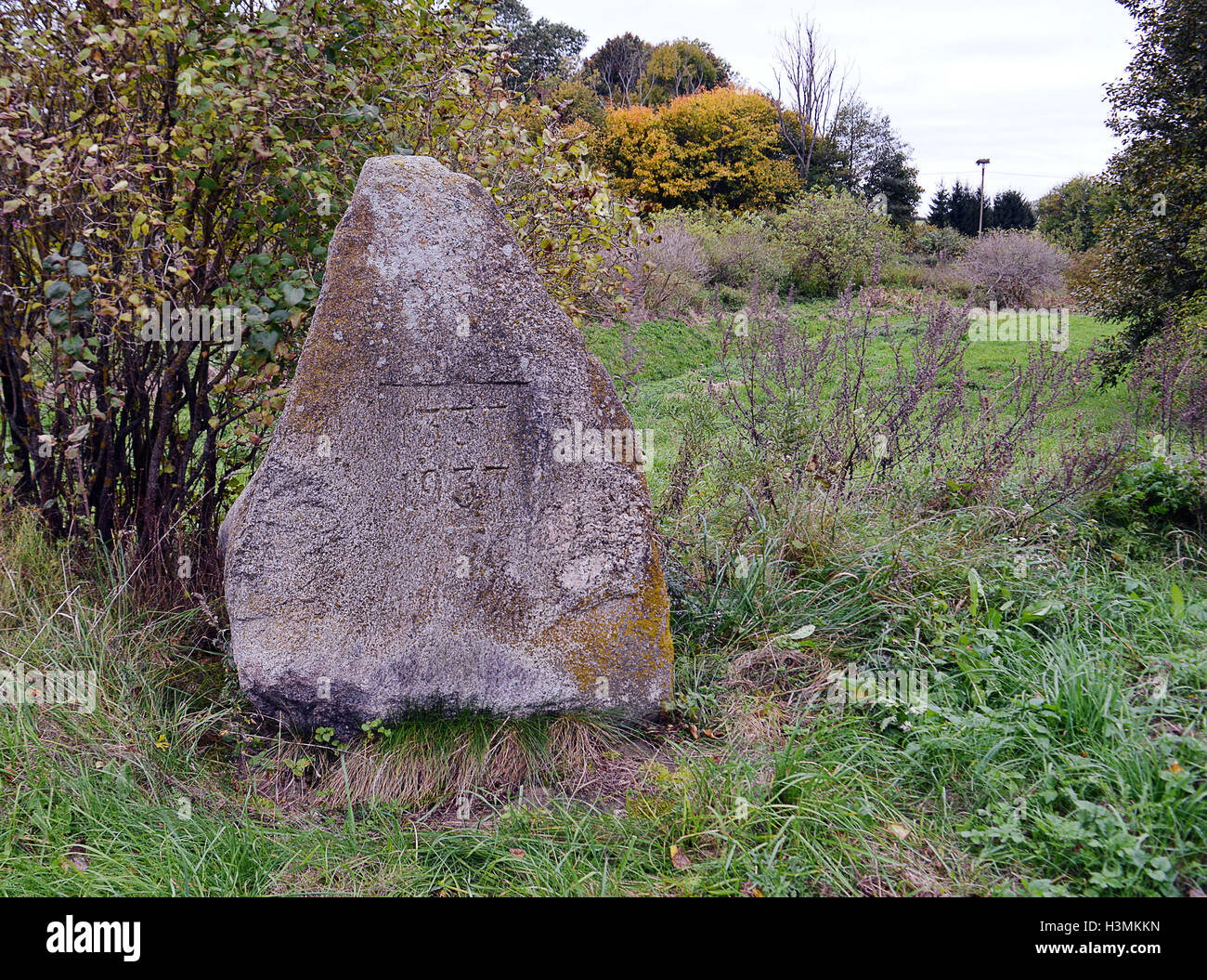 A 600 year commemorative stone erected in Groß Hasselberg, Ostpreussen, in 1937. Stock Photo