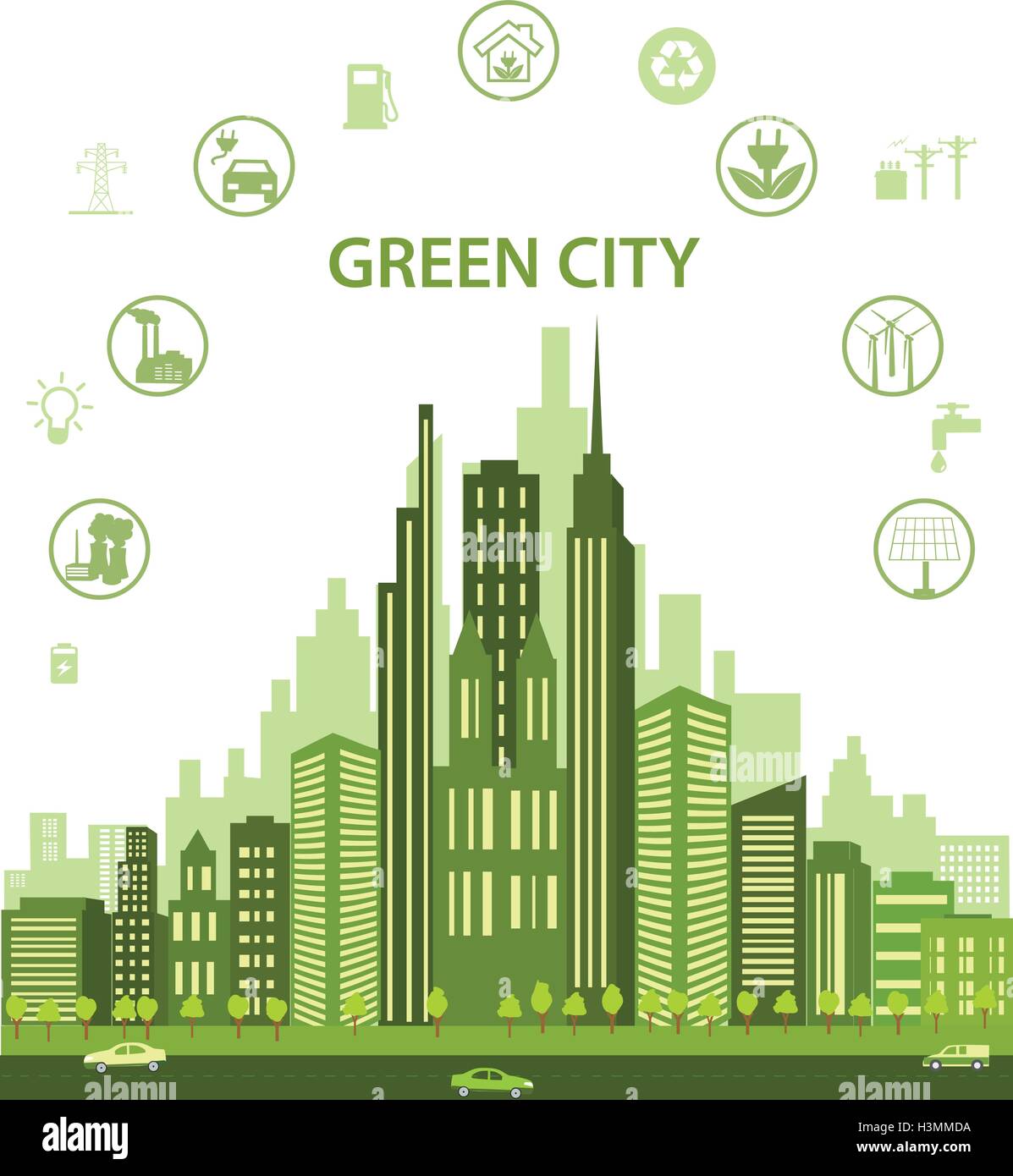 Green city concept with different icons and eco symbols. Modern city design with future technology for living. Stock Vector